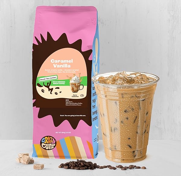 CRAZY CUPS DECAF FLAVORED GROUND COFFEE, CARAMEL VANILLA, IN 10 OZ BAG, FOR BREWING FLAVORED HOT OR ICED DECAF COFFEE