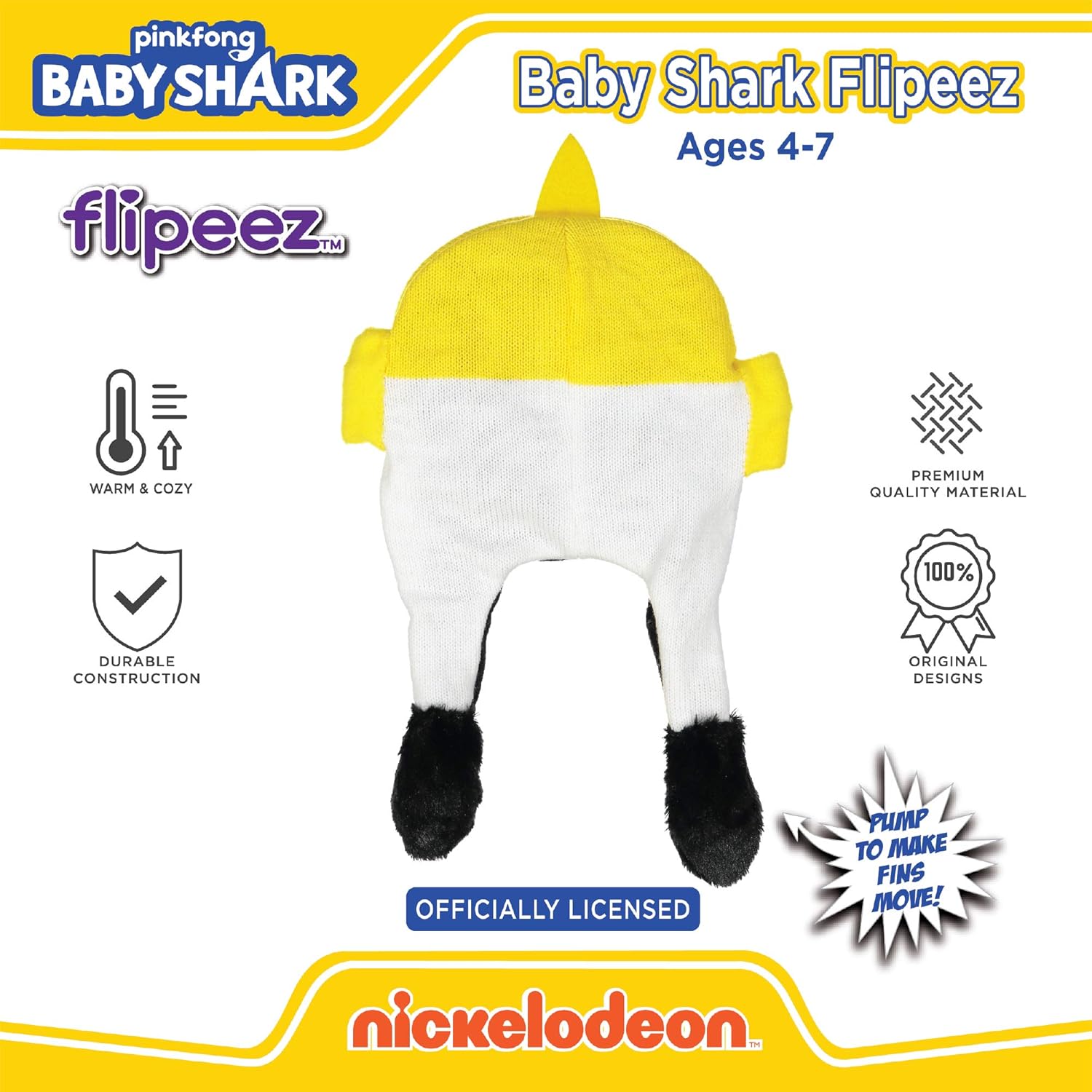 Nickelodeon Winter Hat Squeeze and Flap Fun Cold Weather Beanie for Children, Yellow/White, Little Kids Age 4-7: Clothing