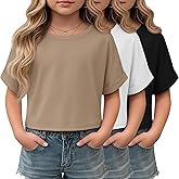 Oakgarden 3 Pack Girls Crop Tops Rolled Short Sleeve T Shirts Crewneck Knit Kids Drop Shoulder Summer Teen Tees 5-14 Years