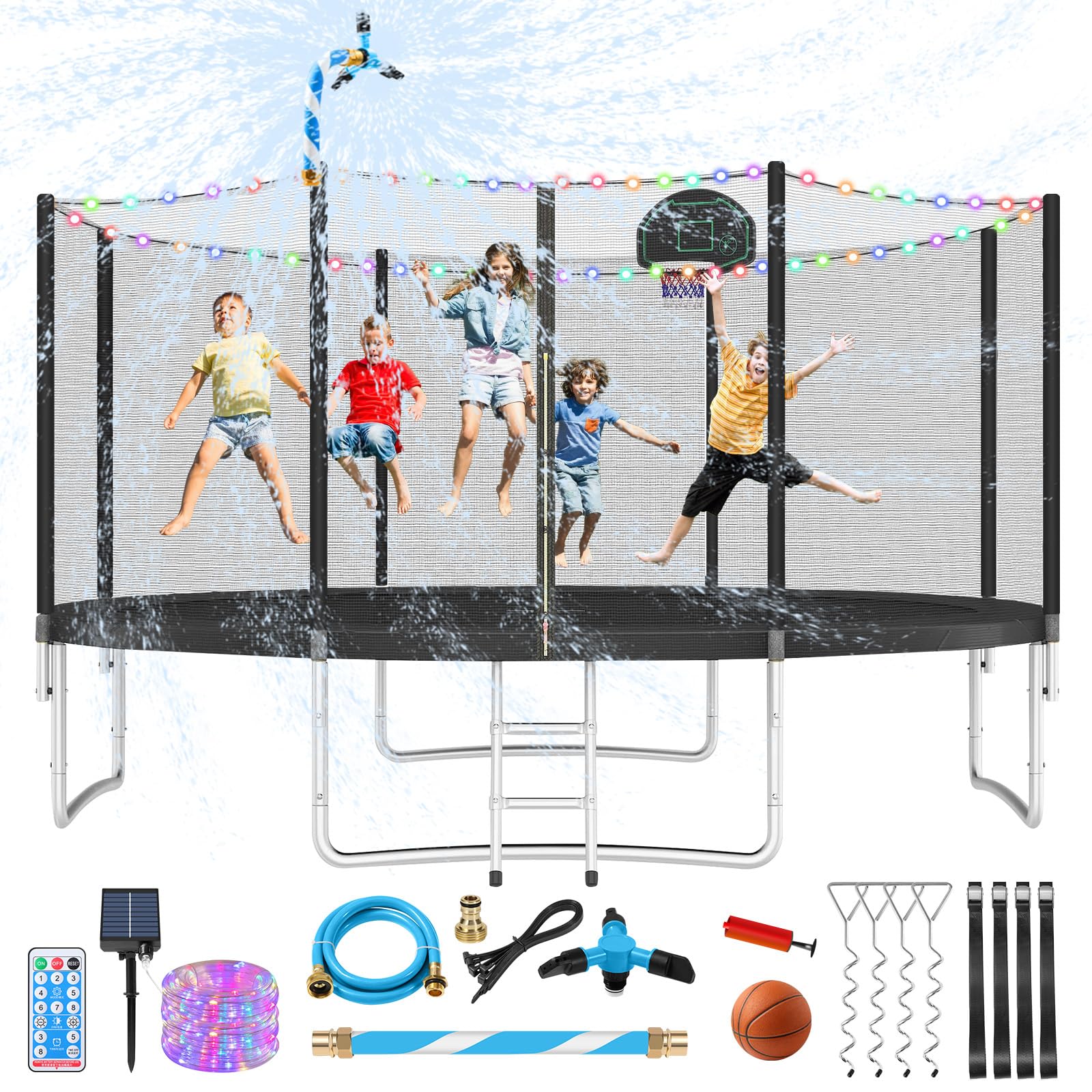 Photo 1 of Lyromix Upgraded Outdoor 14FT Trampoline for Kids, Large Trampoline with Stakes, Light, Sprinkler,Basketball Hoop and Net, Capacity for 4-6 Kids and Adults