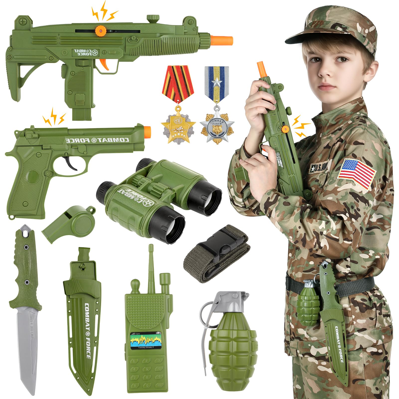 GIFTINBOX Army Costume for Kids,Soldier Halloween Costumes Boys Kids,13PCS Military Dress Up Role Play Set with Accessories,Deluxe Birthday Gift Kids Size L,Green Camo,Large (8-10yrs)