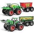 KARMOUNT Monster Farm Tractor Toy, Friction Powered Monster Trucks Tractors Trailers, Diecast Metal Body Front Loader with Trailer &Fodder Mixer, Ideal Tractor Toys for Kids 3-5
