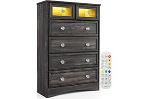 LGHM Modern 6 Drawer Dresser with Led Lights, Dressers for Bedroom, Tall Chest of Drawers Closet Organizers & Storage Clothes - Easy Pull Handle, Textured Borders Living Room, Hallway, Dark Rustic Oak