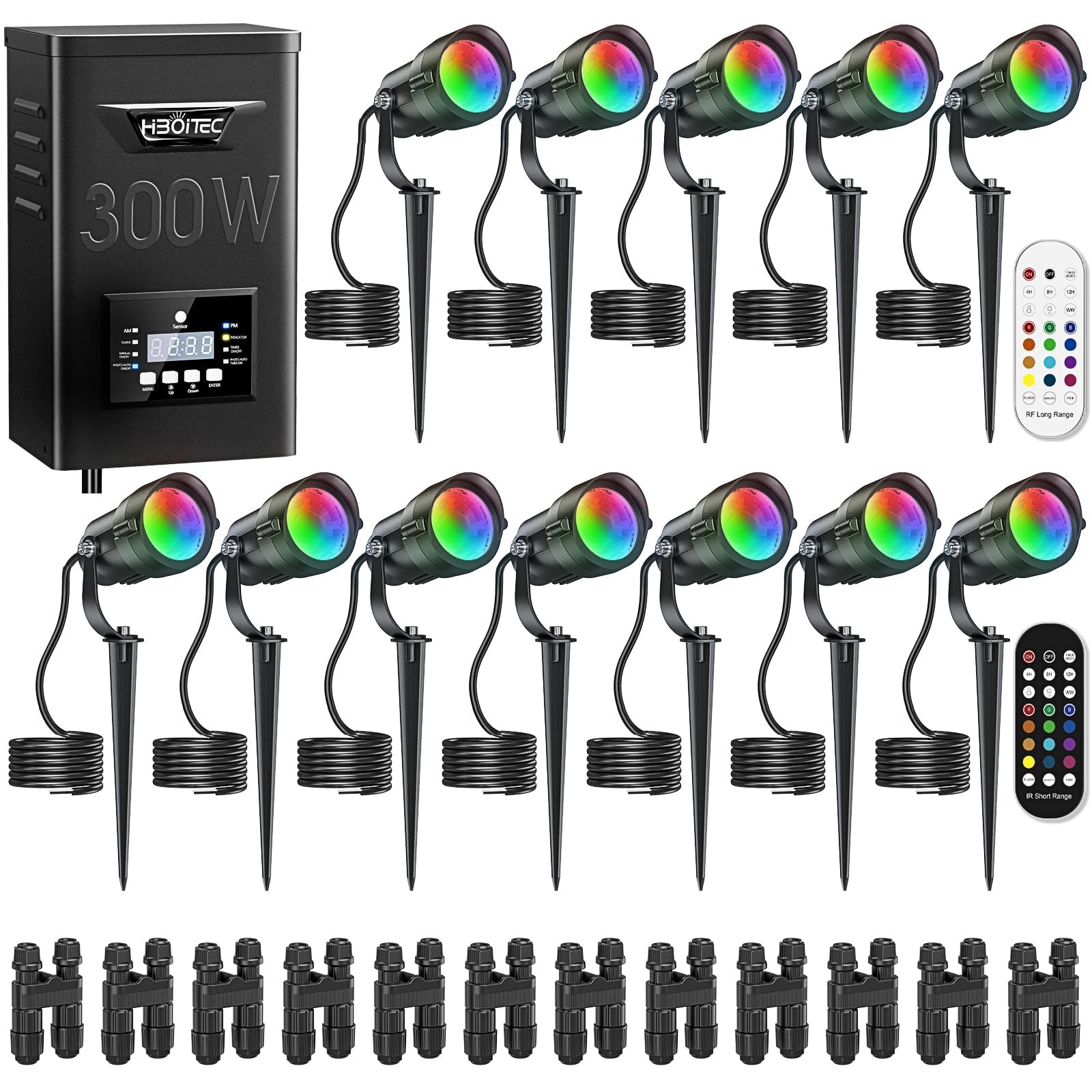 Photo 1 of HIBOITEC RGBW Low Voltage Landscape Lighting 12W with 300W Transformer Remote Connectors Spotlights Landscape Lights Kit 12-24V AC/DC Waterproof for House Yard Outdoor Christmas 12Pack