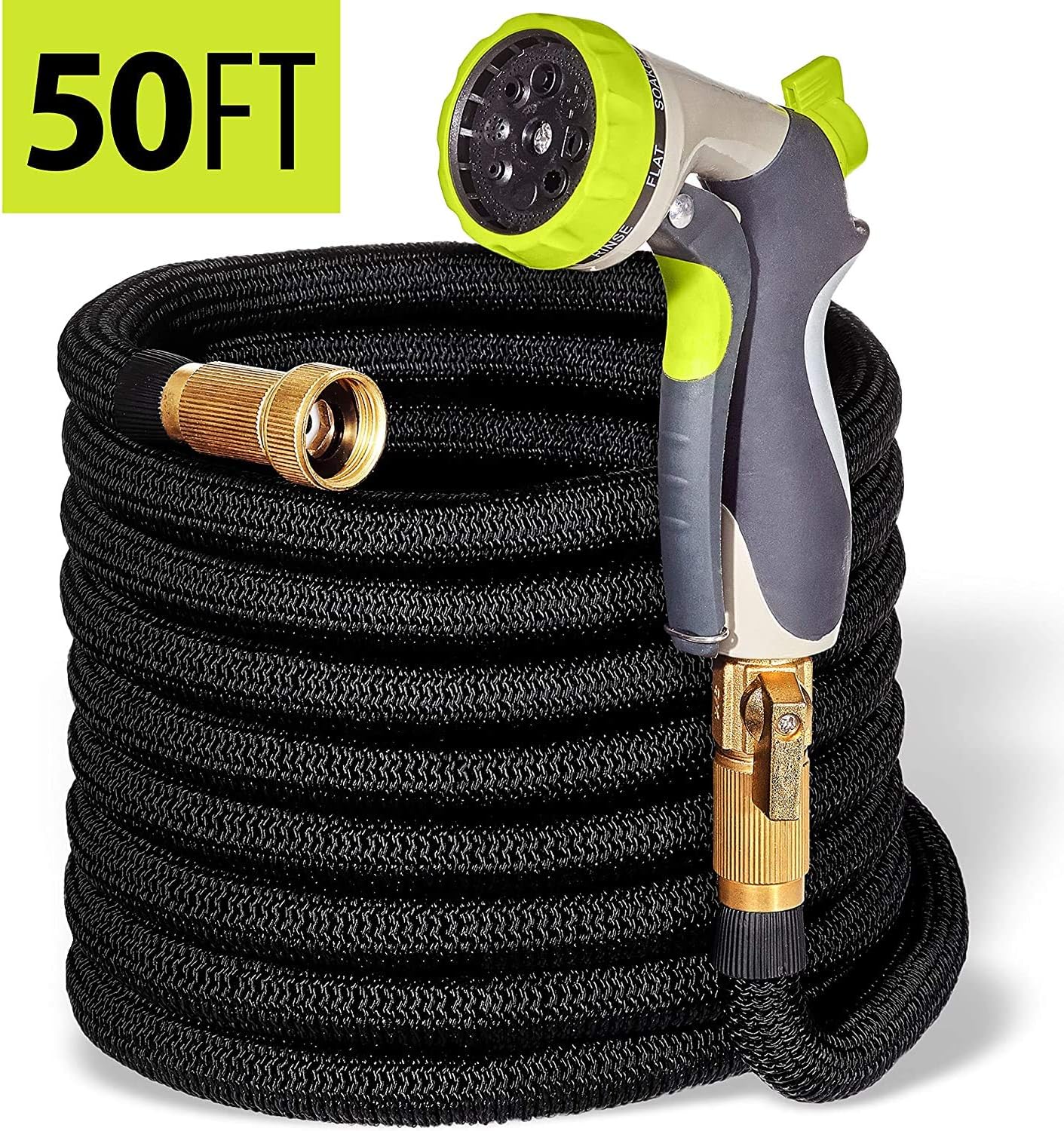 HYISHION Fabric Garden Hose Kink Free with Premium Duty Metal Water Hose Nozzle Flat Garden Hose