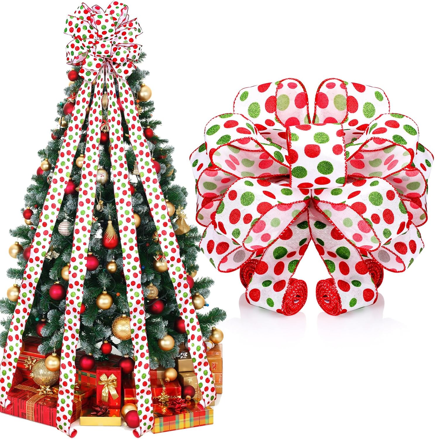 Tree Toppers - Red and Green Christmas Tree Topper 11 x 108 Inches Large Christmas Tree Topper Glitter Dot Red and Green Christmas Ribbons Ornaments for Garland Wedding Home Party(White)