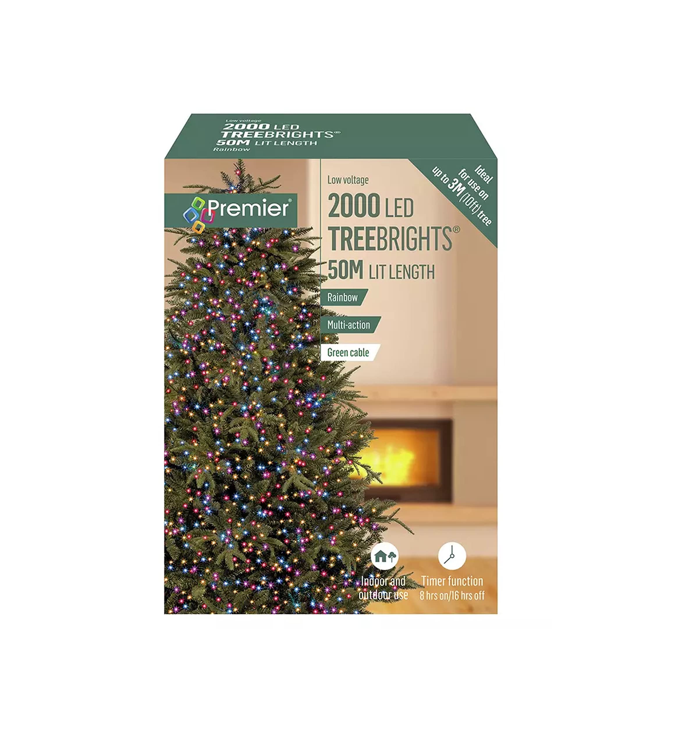 Premier 2000 LED Treebrights, 50m Lit Length, Rainbow Multi-Action Lights with Timer Function, Low Voltage, Green Cable, Indoor and Outdoor Use