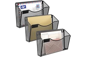 Solinxe 3 Single Pocket Hanging File Organizer with Label Panel Wall Mount File Holder Mesh File Folder Basket for Wall, Black