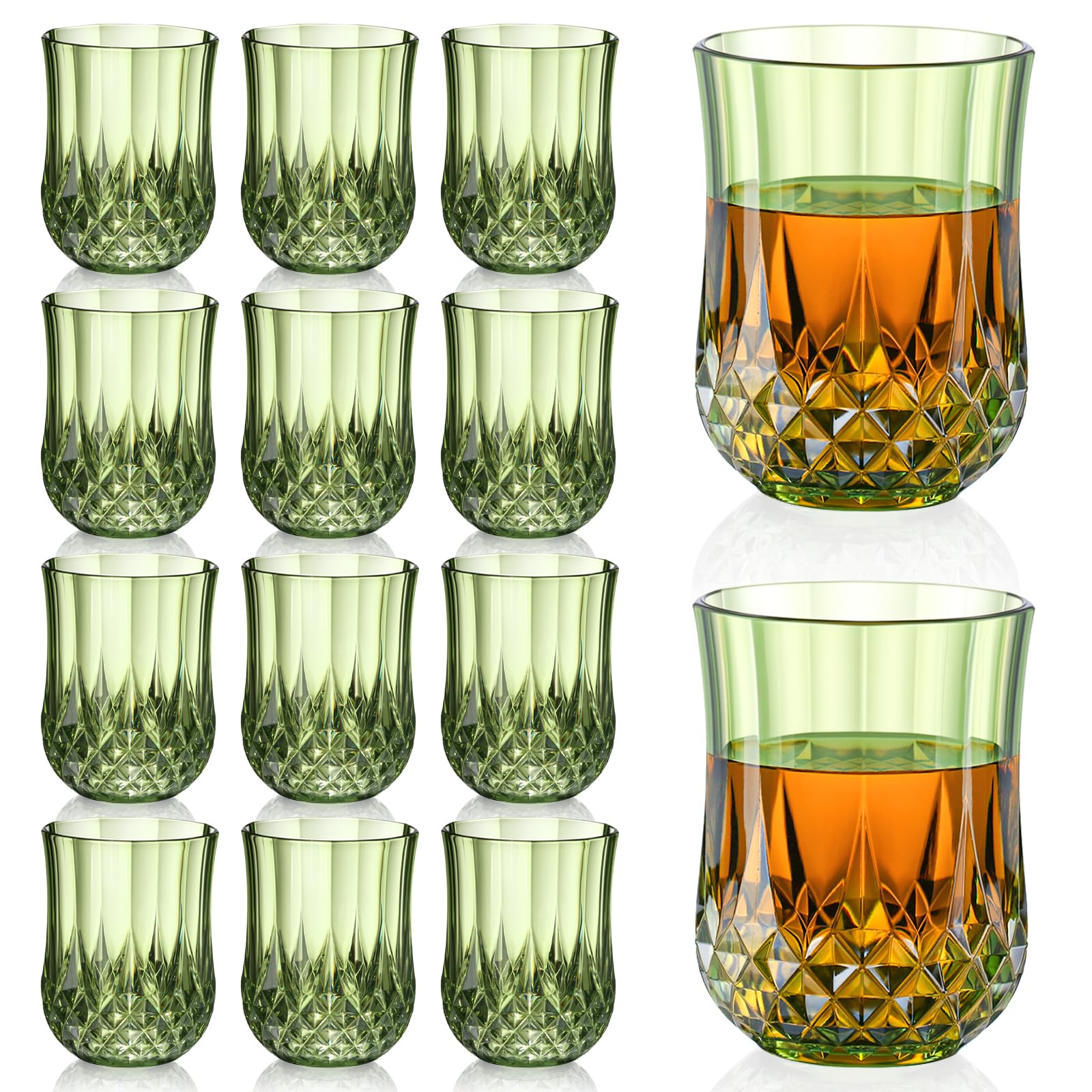 Photo 1 of 12 PCS 3 oz Mini Vintage Shot Glasses Green Plastic Crystal Tequila Glasses Vodka Glass Set Small Whiskey Glasses Espresso Shot Cups Clear Disposable Liquor Cups for Party Engagement Wedding Birthday
