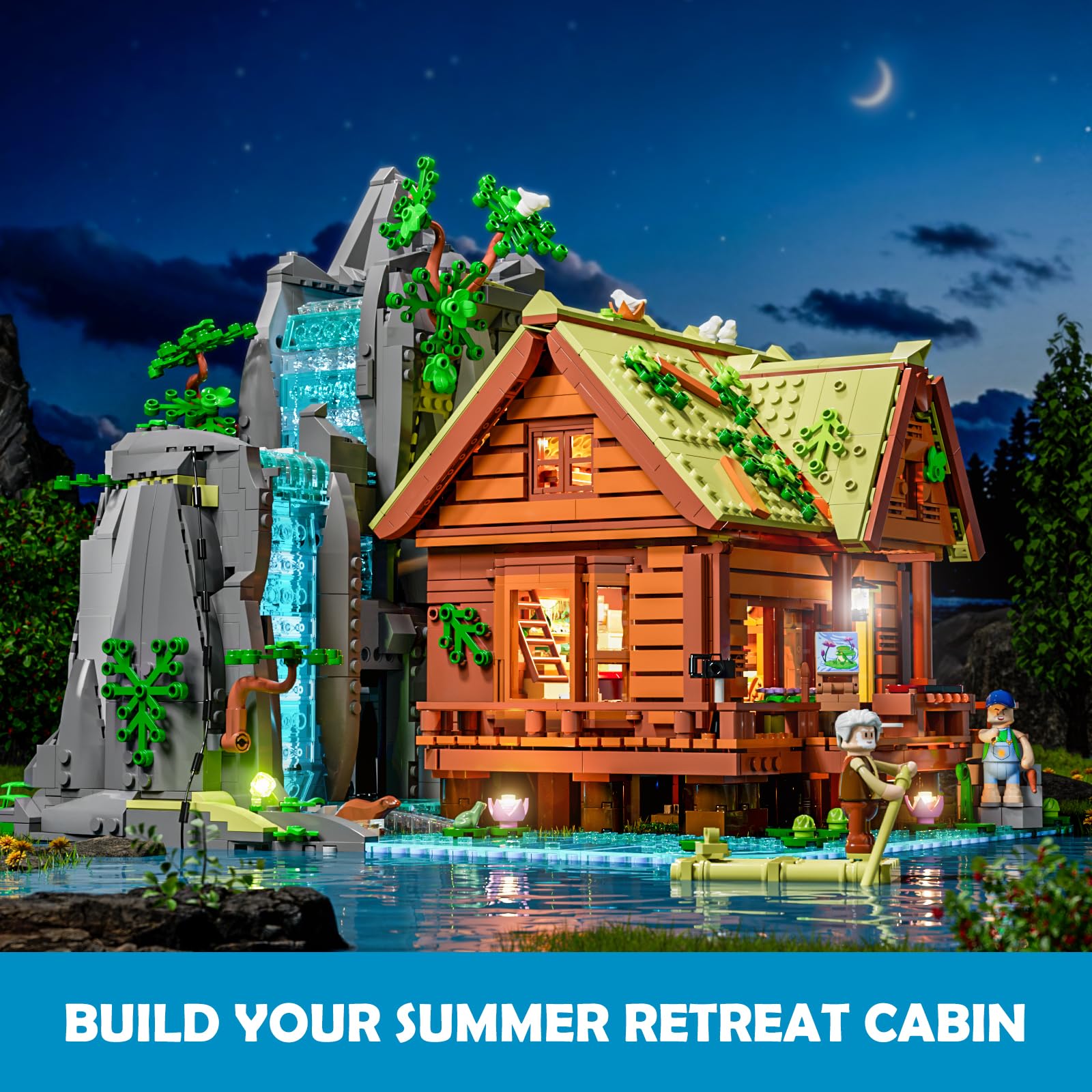 Lumibricks Waterfall Cabin Bauset mit Licht – 2539 Teile Retro Holzhaus mit beweglichem Wasserfall & Naturkulisse, Sammlerstück für Erwachsene 5