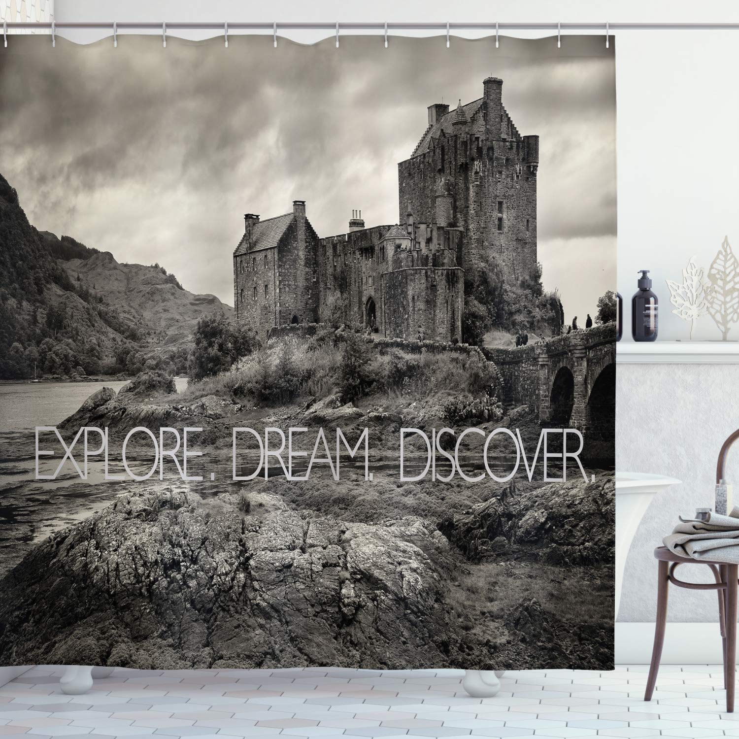 ABAKUHAUS Dream Shower Curtain, Explore Dream Discover Slogan on Eilean Donan Castle Highlands Scotland, Cloth Fabric Bathroom Decor Set with Hooks, 86 Inches Extra Long, Dark Taupe and Pale Grey