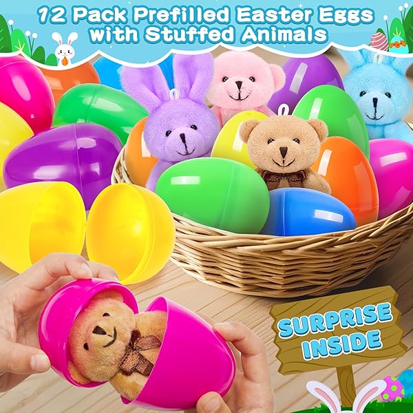 JUMLYS 12 PACK PREFILLED EASTER EGGS WITH STUFFED ANIMAL TOYS, SURPRISE PLASTIC EASTER EGGS FILLED WITH PLUSH BUNNY AND BEAR FOR KIDS, PERFECT FOR EASTER EGG HUNT , BASKET STUFFERS AND PARTY FAVORS