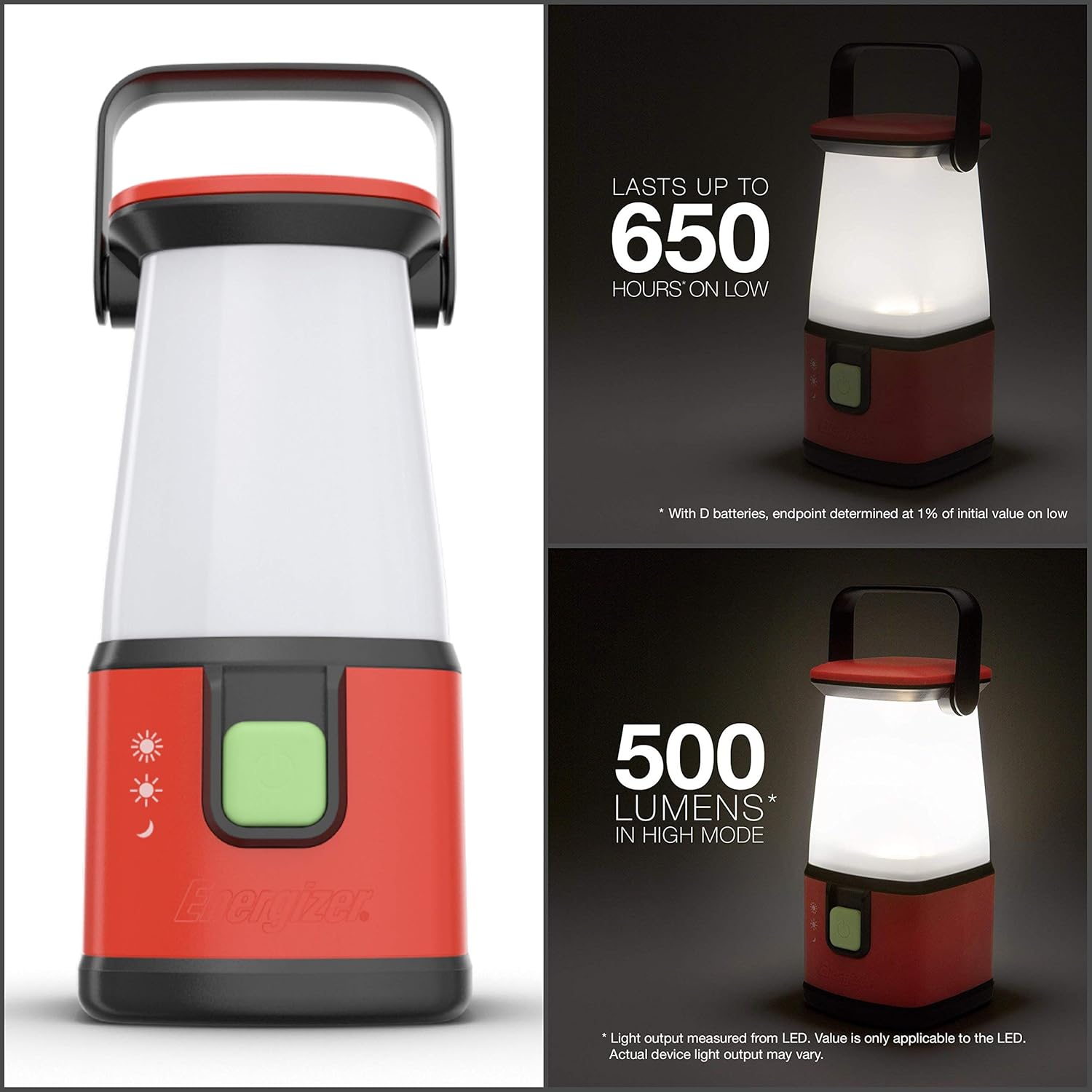 Energizer LED Camping Lantern Flashlight, 650 Hour Run-Time, 500 Lumens, IPX4 Water Resistant, Battery Powered LED Lantern - Use for Hurricane, Emergency Light, Camping: Sports & Outdoors