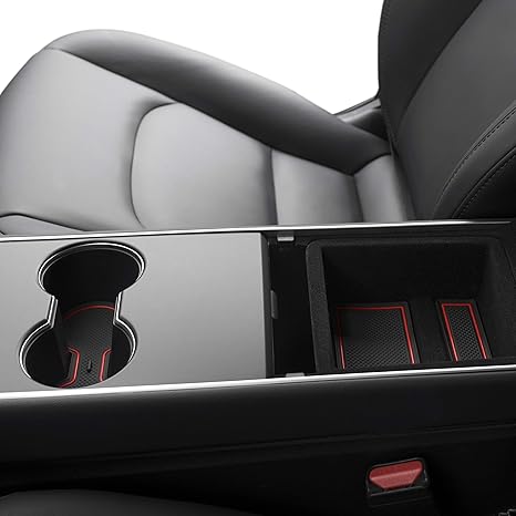 Cupholderhero For Tesla Model 3 2017 2020 Custom Fit Cup Holder And Center Console Compartment Liner Accessories 7 Pc Set Red Trim