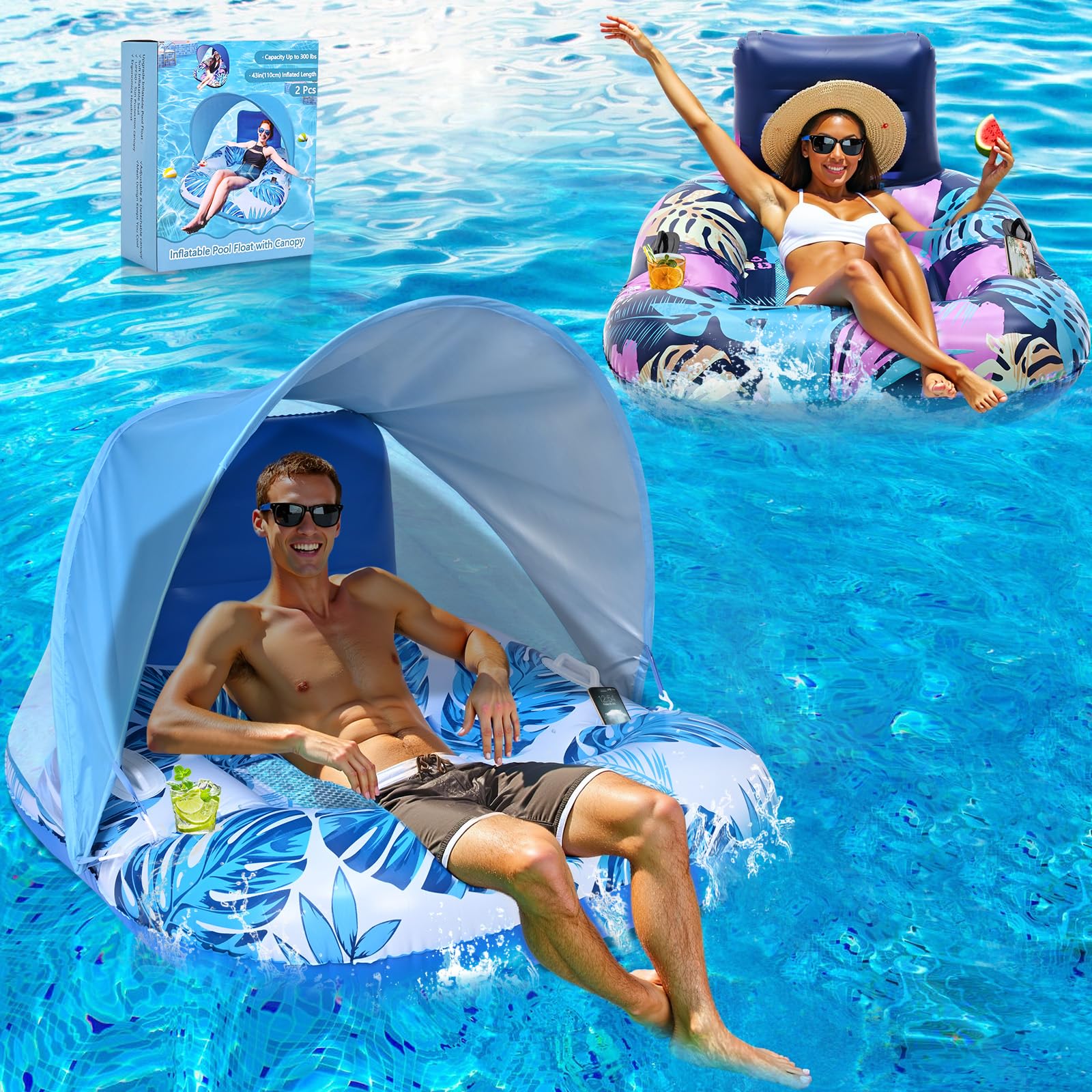 Photo 1 of 2025 Upgraded Pool Float with Canopy, 2 Cup Holders - XL Inflatable Pool Floats with Adjustable Sun Shade Cover, Dual Handles, Ergonomic Headrest, Heavy Duty Adult Floats for Pool, Beach, Lake
