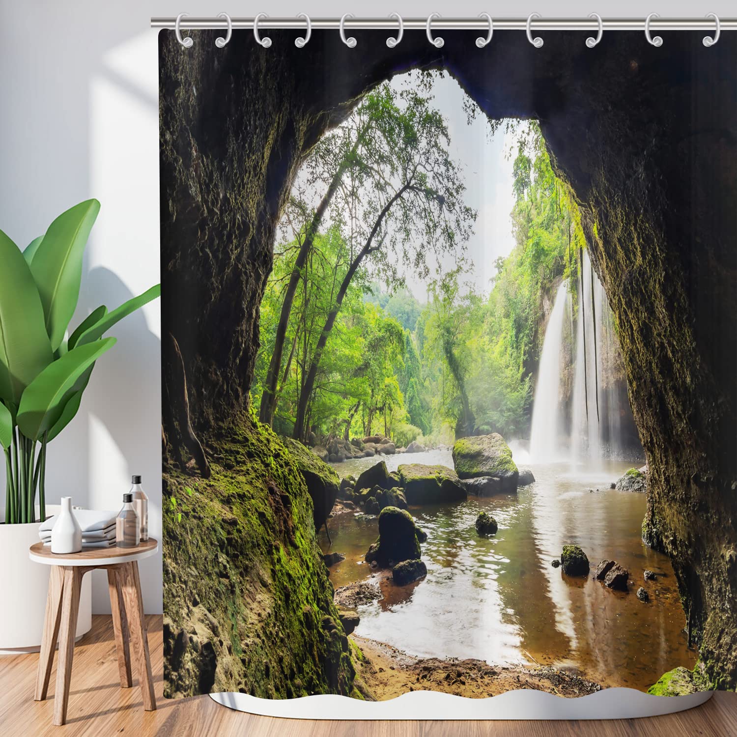 Forest Shower Curtain 180x180, Hnmdmyi Tropical Jungle Rainforest Green Tree Plant Nature Mountain Cave Landscape Waterfall Scenery Bathroom Curtains Waterproof Polyester Fabric Washable Bath Curtains