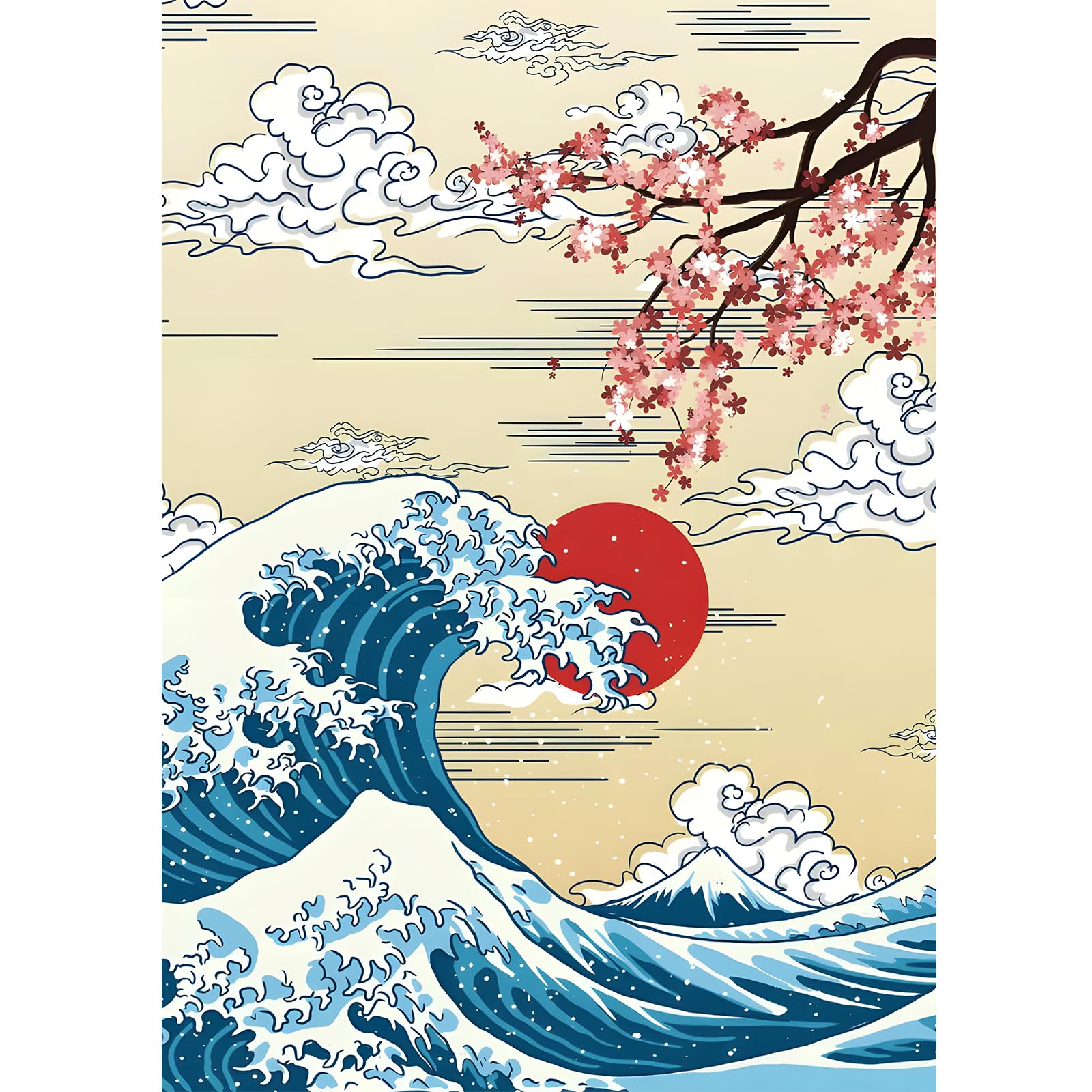 HEIBAGO The Great Wave Diamond Art Painting Kits for Adults, Japanese Cherry Blossom Tree Diamond Painting Kits for Beginners, DIY Round Diamond Dots Kits Sunset Gem Craft for Home Decor 30x40cm