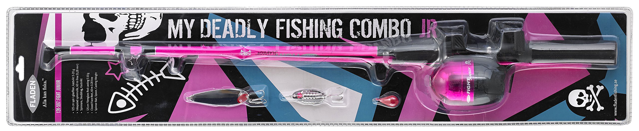 FLADEN Deadly Fishing 2 Piece 5 to 20g Rod and Closed Faced Reel, Pre Spooled with Line, Spinner, Spoon & Weight Combo, (BLUE & PINK) - Ideal Kids Starter Introduction Set (Pink) [12K-598]