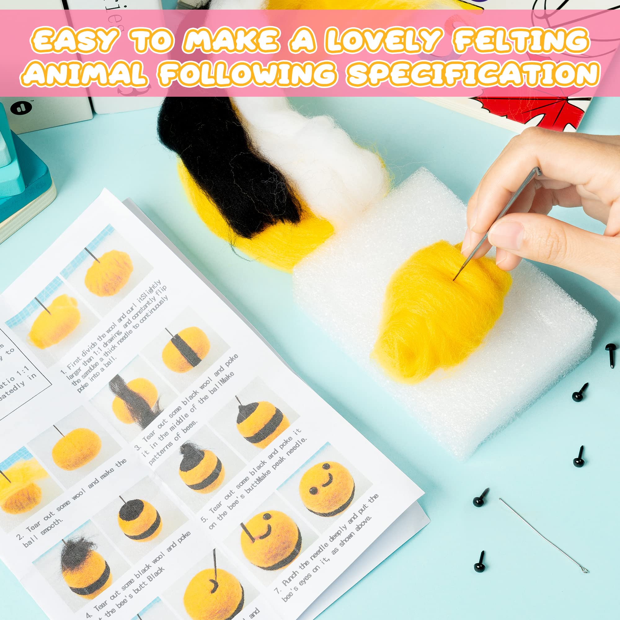 WATINC Set of 4 Cute Animal Needle Felting Starter Kit Frog Chick Bee Narwhal Animal Doll Wool Felting Tools Felt Needles Foam Mat DIY Needlework Craft Party Supplies for Beginners Adults Kids