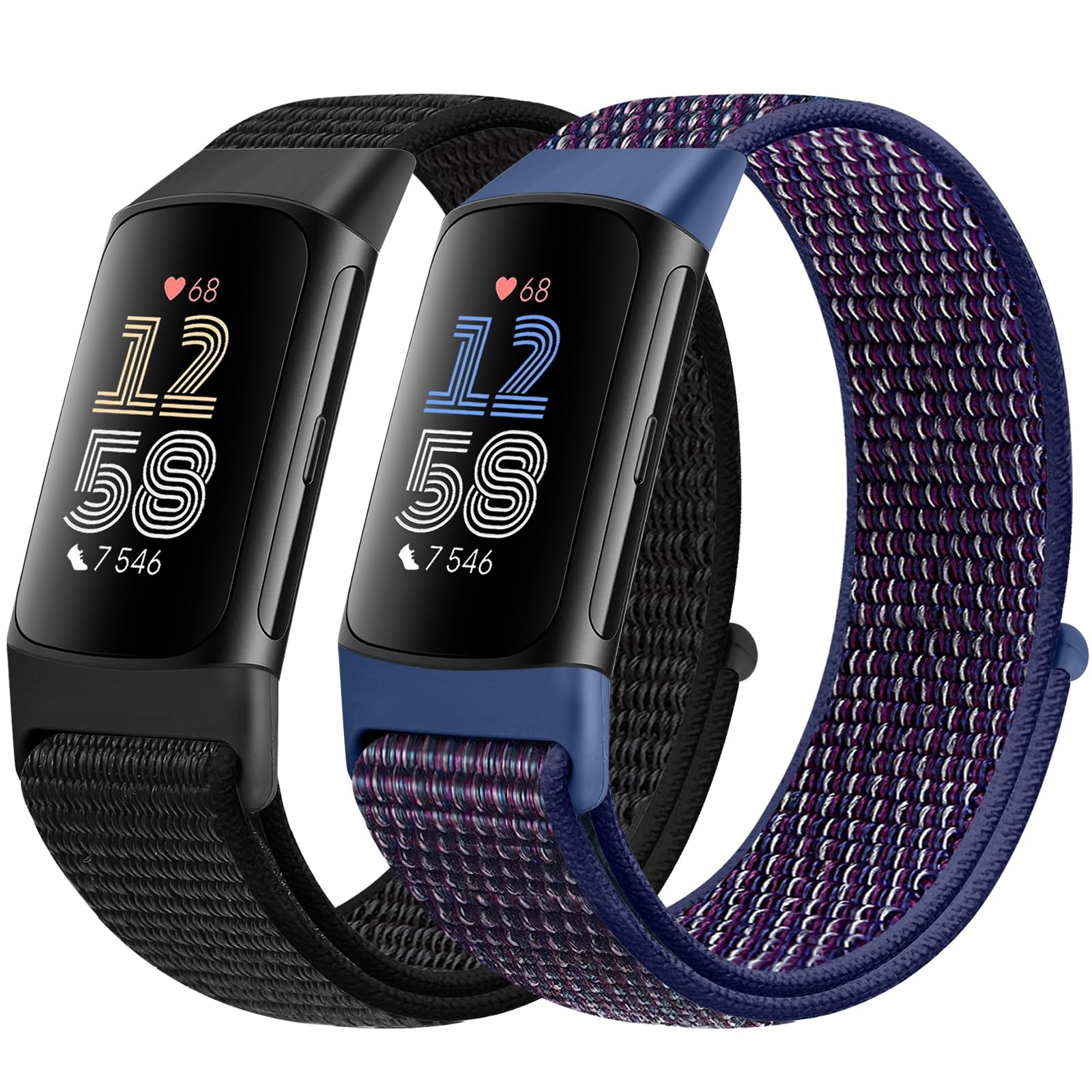 Runostrich Sport Loop Nylon Watch Straps Only Compatible with Fitbit Charge 5 Advanced Fitness Tracker Strap, Adjustable Breathable Replacement Soft Nylon Loop Wristband, Dark Black+Indigo — image 1