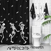 Honoson 8 Pcs Halloween Skeleton Shower Curtain Set for Bathroom Decor | Horror Skull Shower Curtain Set with Rugs, Toilet Lid Cover, Towels, Gothic Black White Bathroom Decor Set Housewarming Gifts