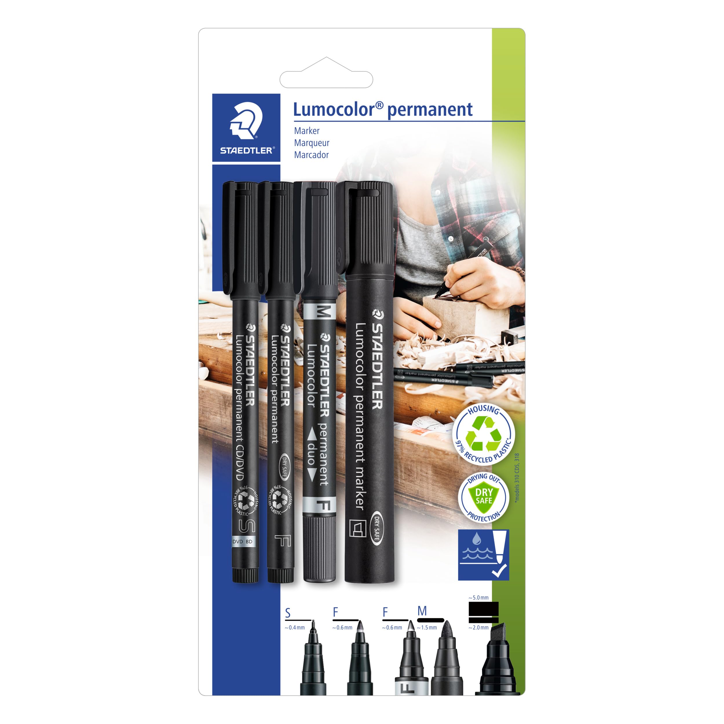 STAEDTLER 60 BK Lumocolor Permanent Marker Set with Different Tips, Set of 4 in Blister Packaging, White