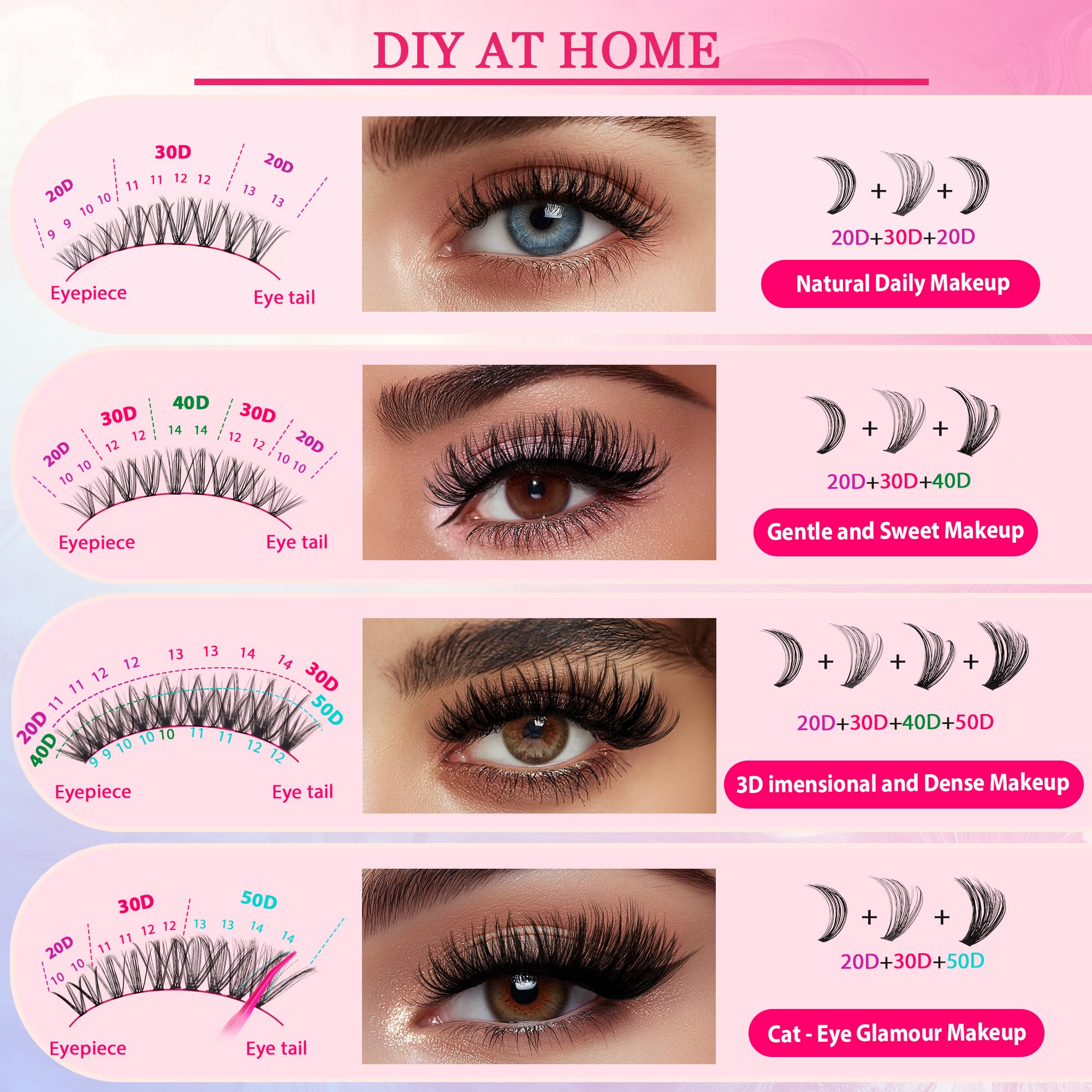 Waltz Lash Clusters Kit - Lash Clusters Lash Extension Kit with Bond and Seal Eyelash Cluster 20D30D40D50D-0.07D Cluster Eyelash Extensions Eyelash Extension Kit DIY at Home