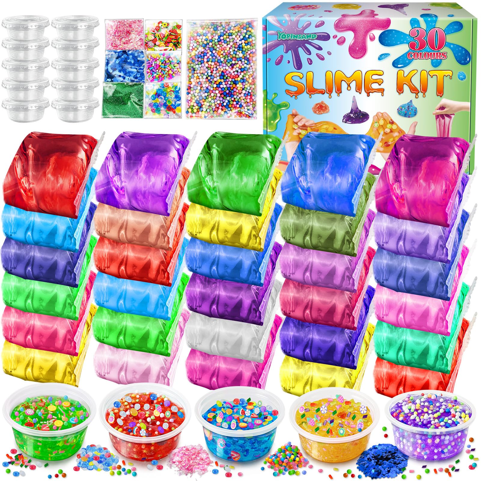 YOPINSAND 30 Pack DIY Slime Kit, Slime Making Kit for Girls, Premade Crystal Clear Slime with Add-ins, Foam Balls, Glitters, Slime Gift Toys for Kids 3-12