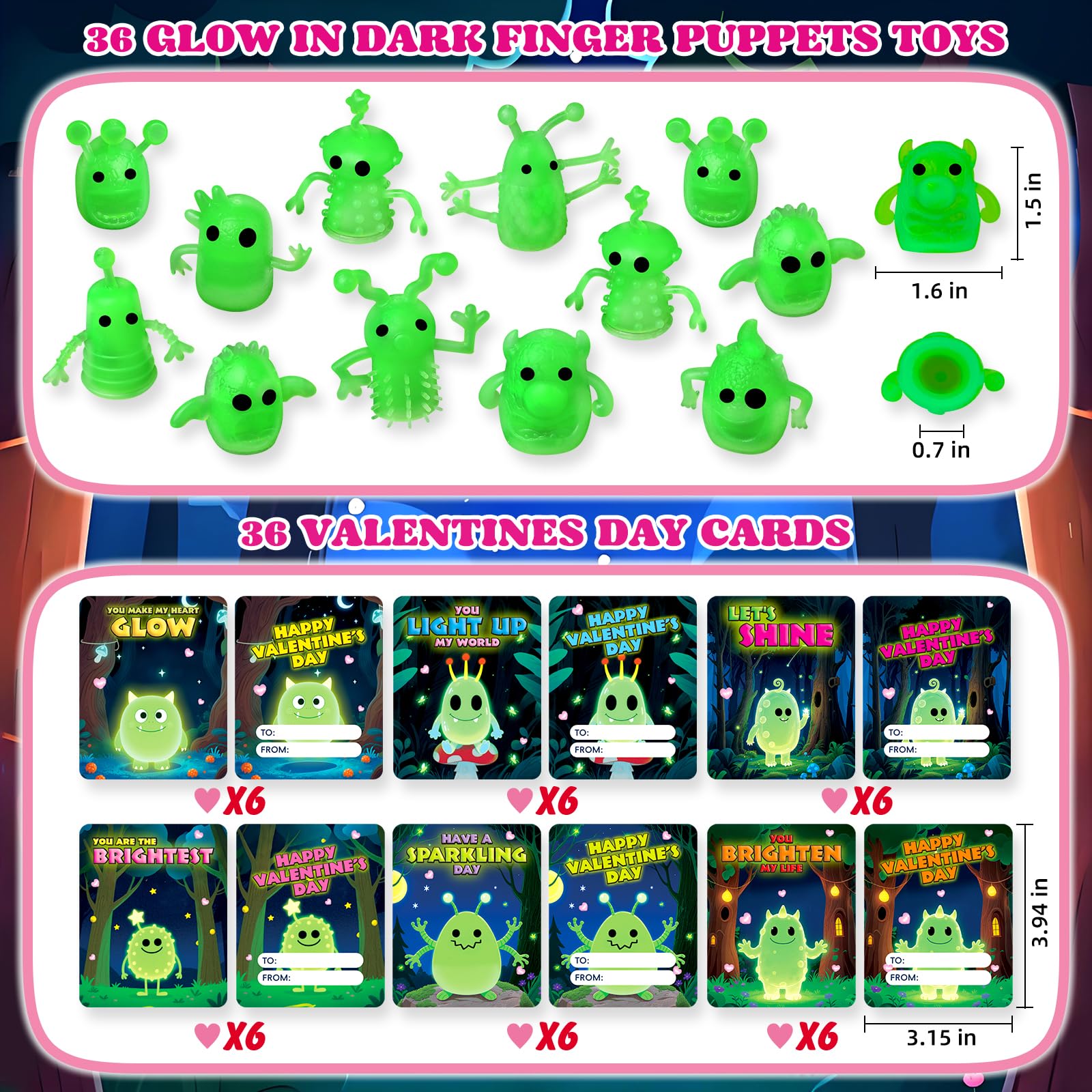 Photo 1 of 36 Packs Valentines Day Cards for Kids with Glow in The Dark Monster Finger Puppets, Classroom Exchange Valentines Day Gifts for Kids Party Favor Holiday Reward Prizes Supplies for Boys Girls