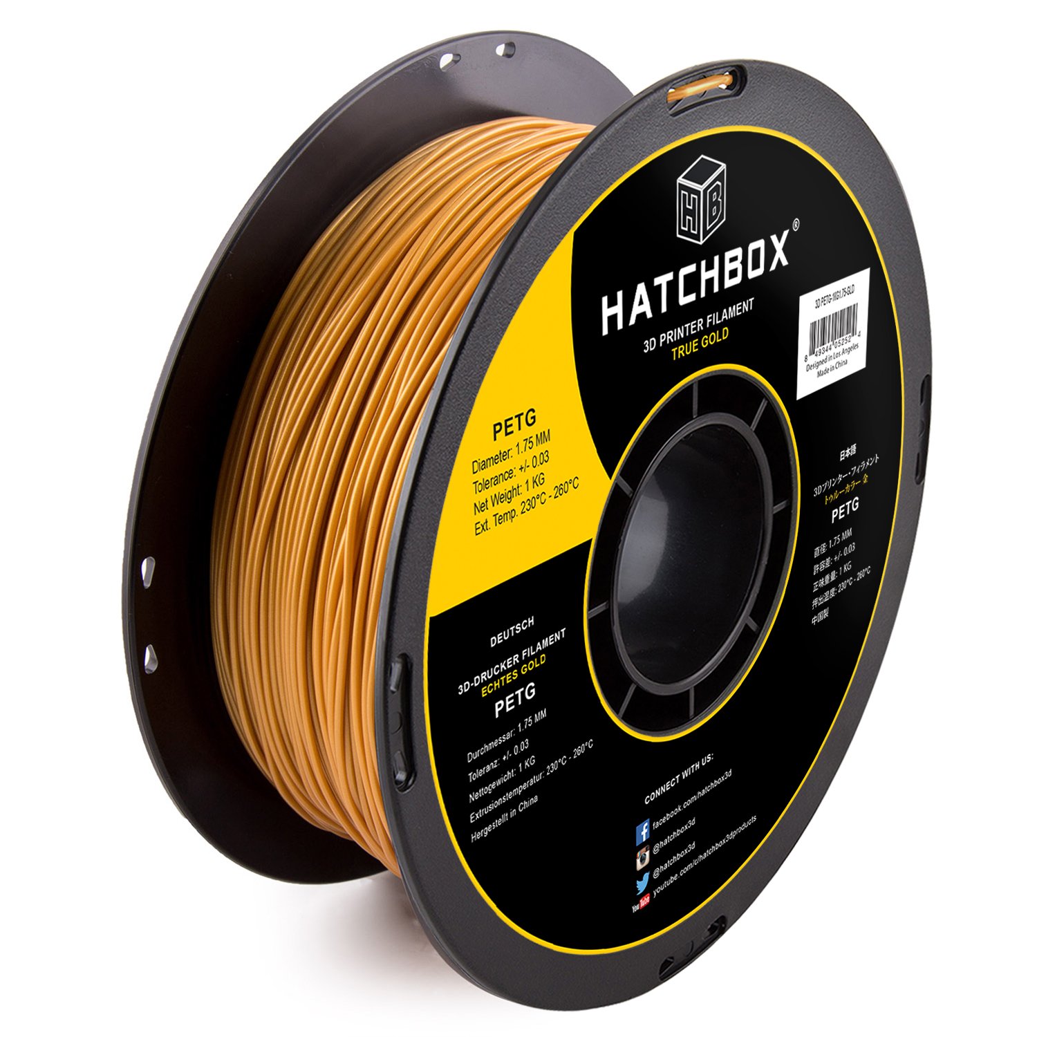 HATCHBOX PETG 3D Printer Filament, Dimensional Accuracy +/- 0.03 mm, 1 kg Spool, 1.75 mm, Gold