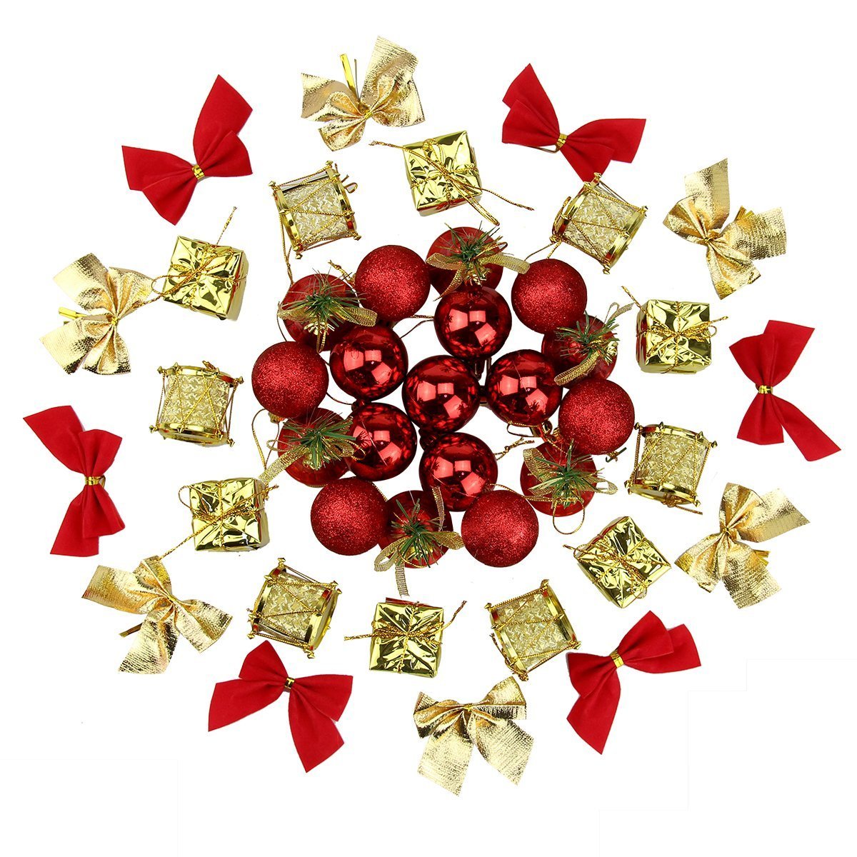 Naisidier Christmas Tree Ornaments Hanging Decoration Pendant Kit Including Christams Balls, Bowknots, Gifts Ornaments, Merry Christmas Letters, Drums and Christams Red Bells (44Pcs)