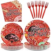 Grencian 96 Pcs Hibachi Party Decorations Folding Fans Birthday Party Supplies Japanese Cherry Blossom Tableware Set for Hibachi New Year Spring Festival Birthday Serves 24