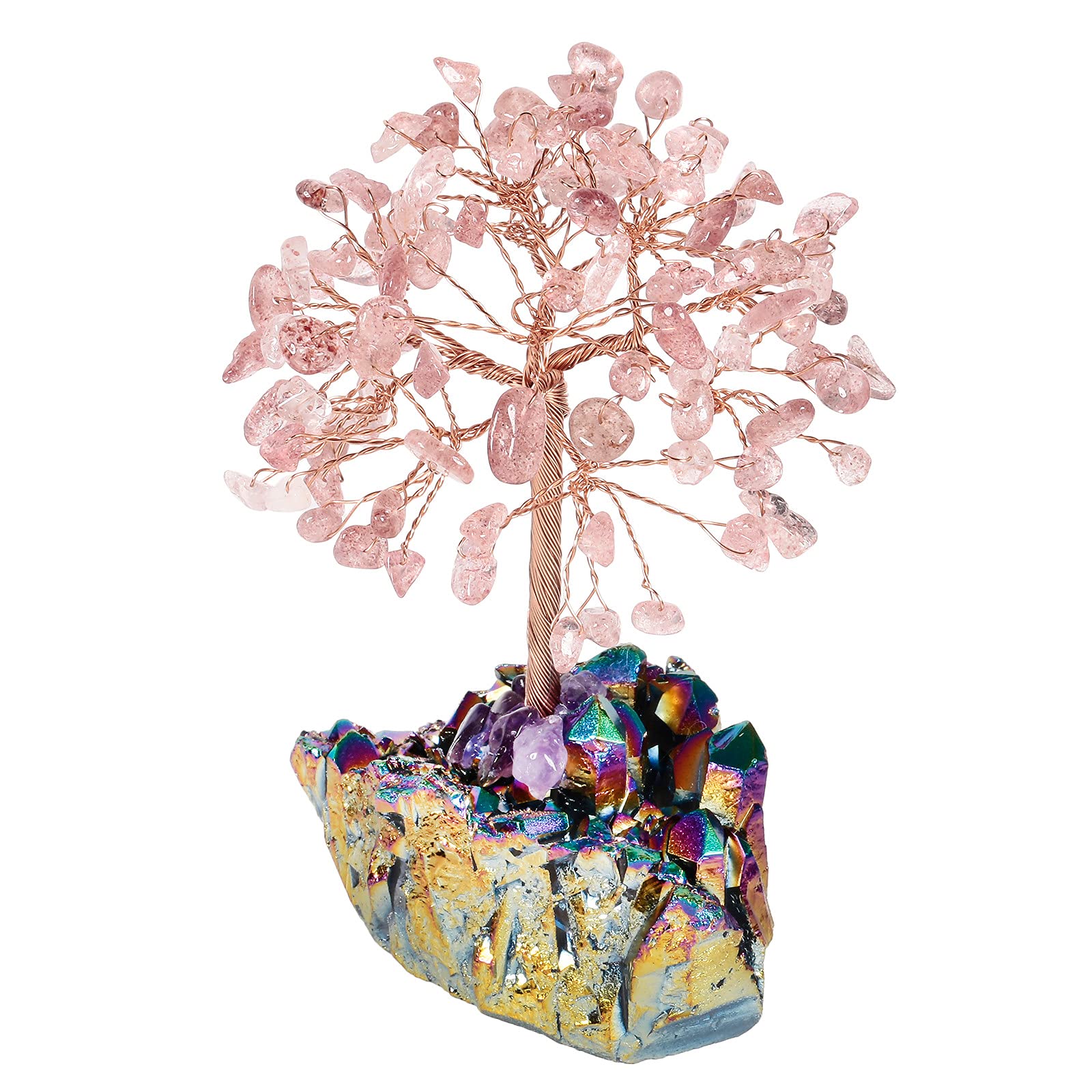 mookaitedecor Strawberry Quartz Crystal Money Tree with Titanium Rainbow Aura Quartz Crystal Base Colourful Room Decor, Bonsai Crystal Tree of Life Ornament Reiki Spiritual Good Luck Crystal Gift