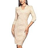M.Infisavo Sheath Dresses for Women 2026 Notch V Neck 3/4 Sleeves Slim Fit Office Pencil Dress
