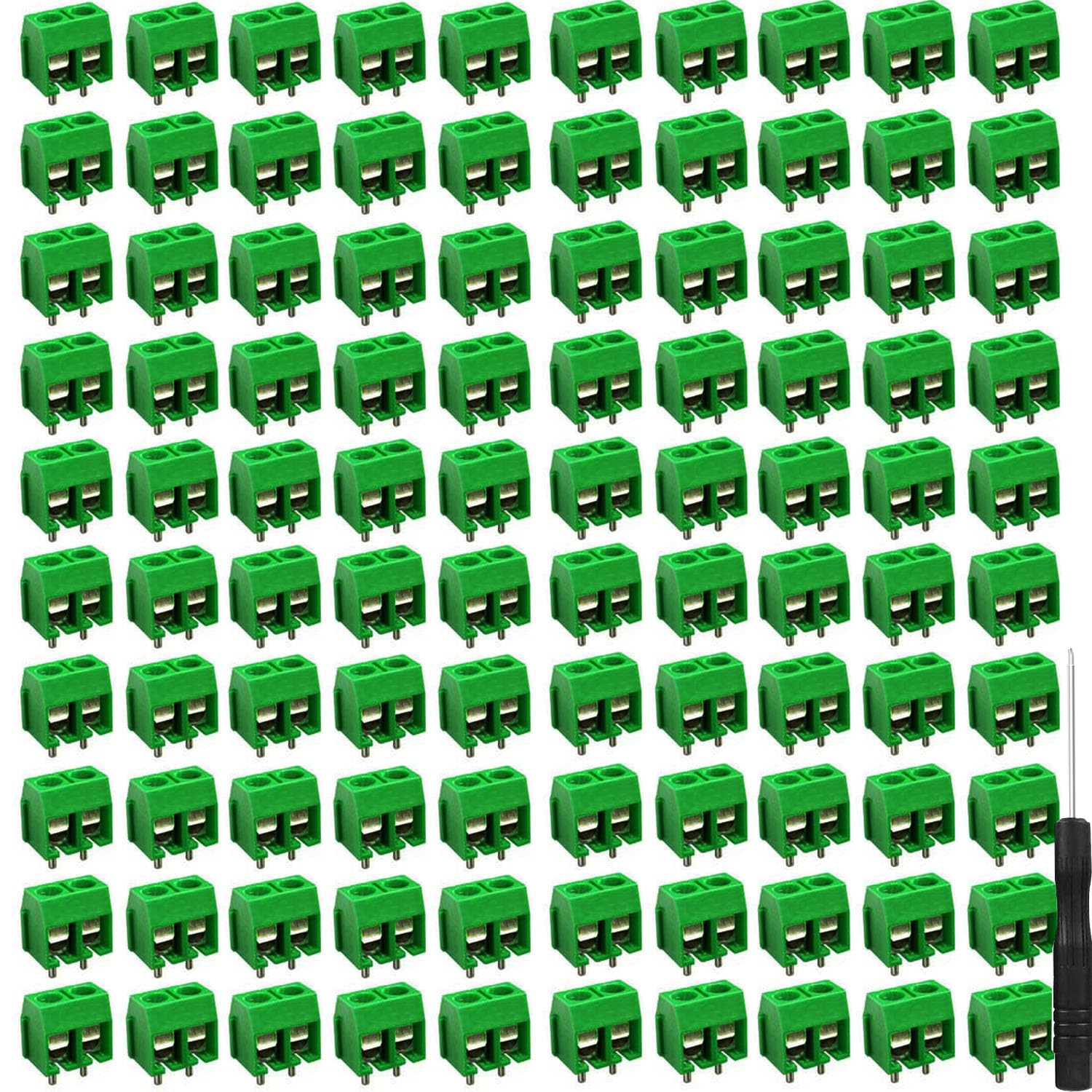 RUNCCI-YUN 120pcs Universal PCB Board Kit 2 Pin Screw Terminal Block for PCB 300V 10A 5mm Pitch（green）