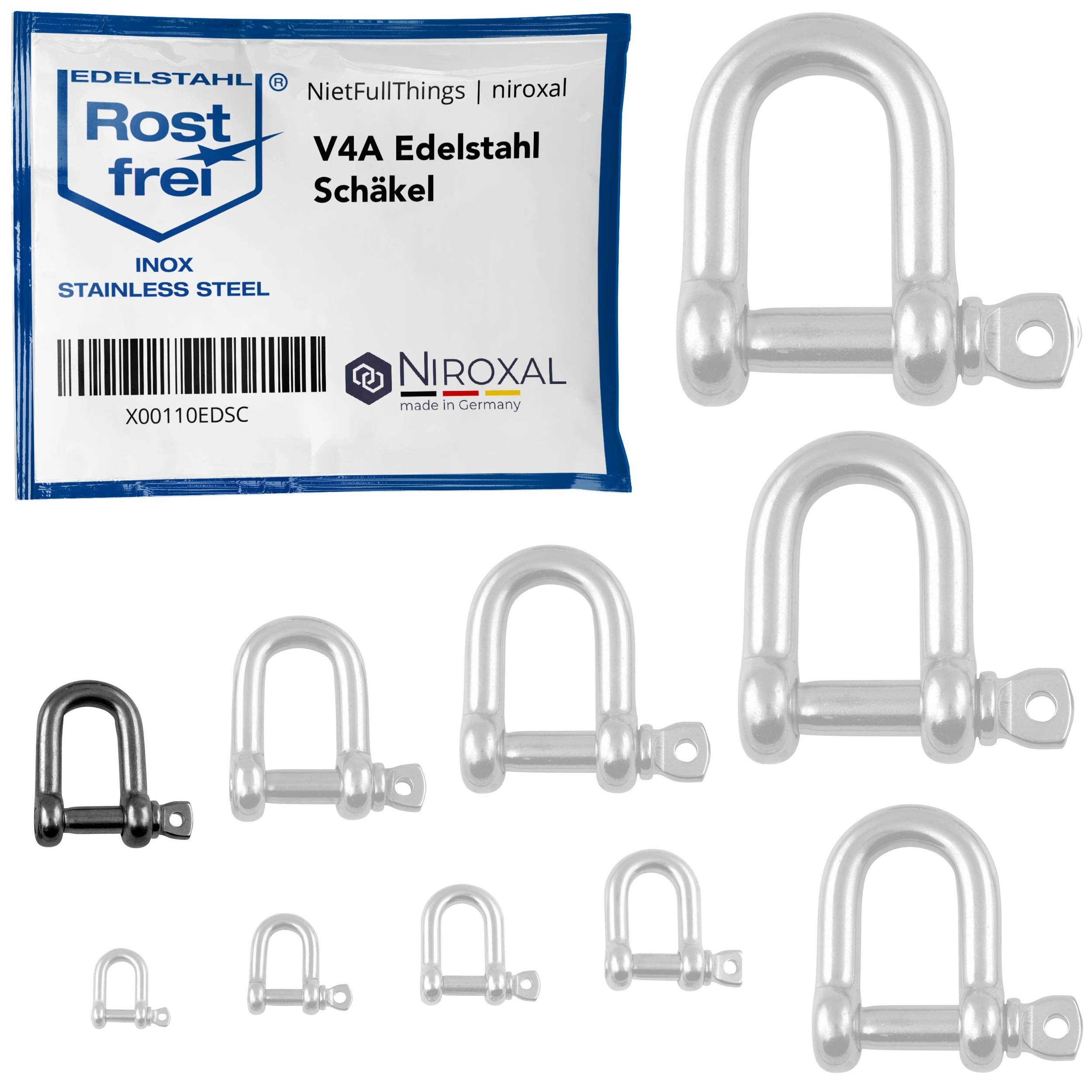 NietFullThings 20 pieces 8-mm Stainless steel shackles made of V4A short straight robust shape breaking load 3.000 kg Shackles 8x28-mm A4