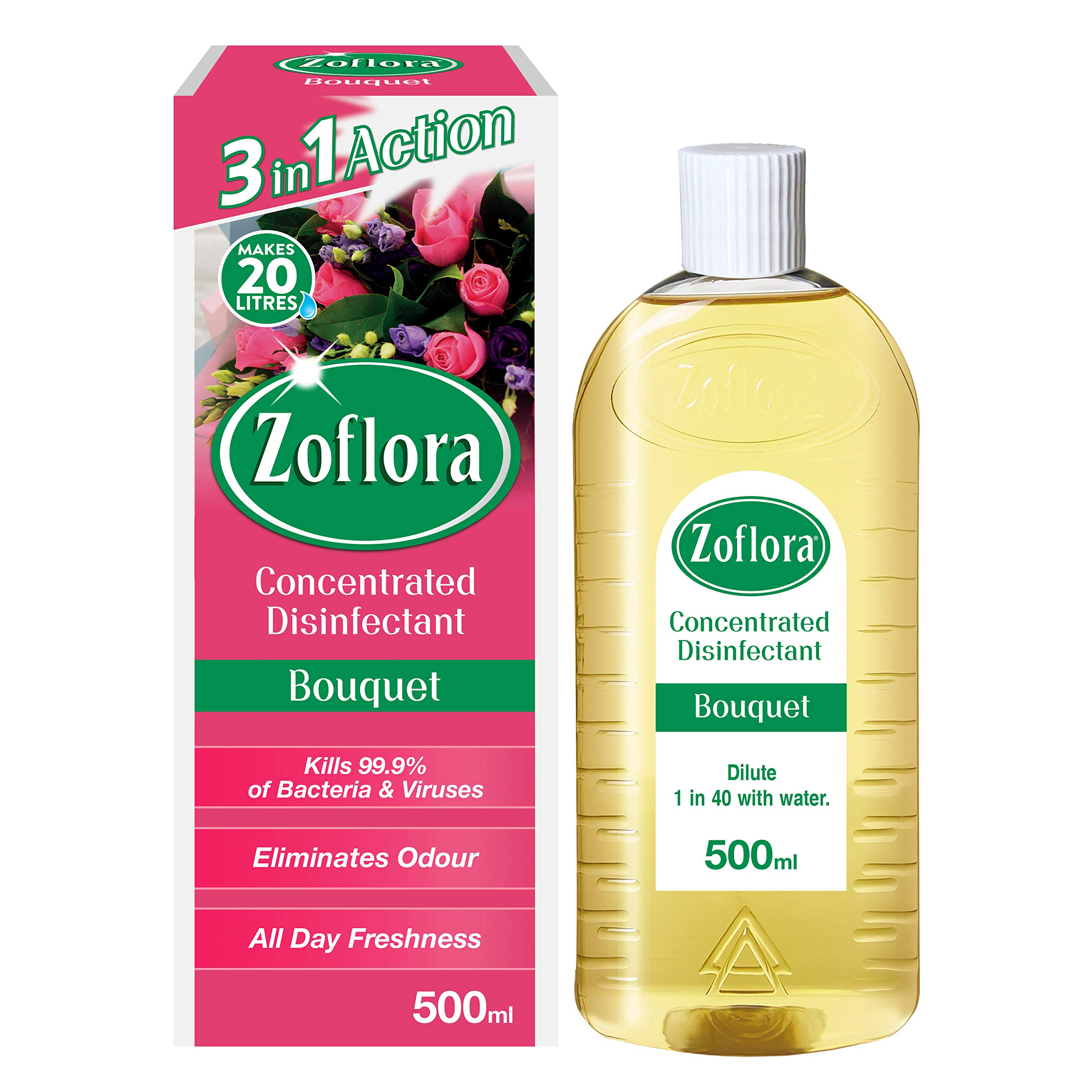Zoflora Bouquet All Purpose Concentrated Disinfectant Liquid, Antibacterial and Multi-Surface, Pet Safe Disinfectant, Kills 99.9 Percent Of Bacteria and Viruses, 1 X 500 ml