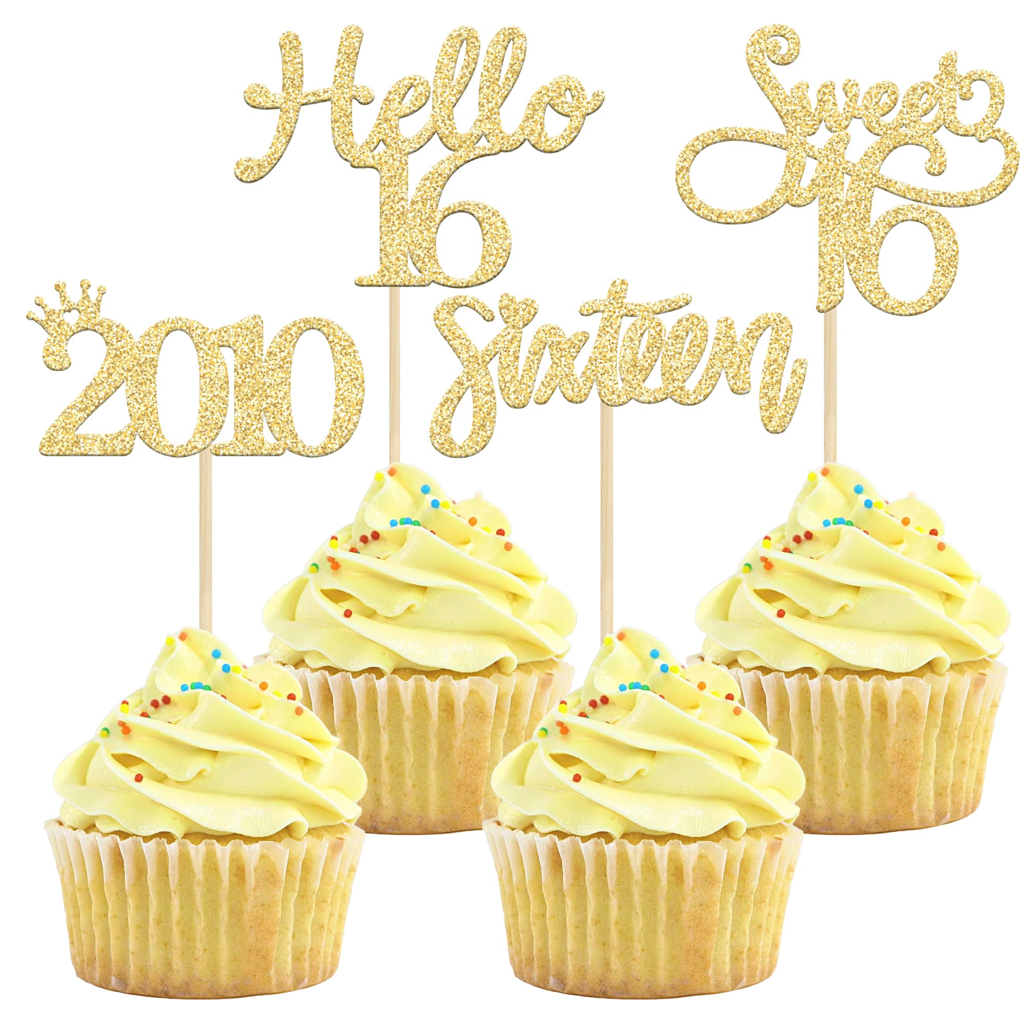 Gyufise 24 Pack Gold Glitter 16th Birthday Cupcake Toppers Hello Sweet 16 Sixteen Since 2010 Cupcake Picks for 16th Birthday Party Cake Decorations Supplies