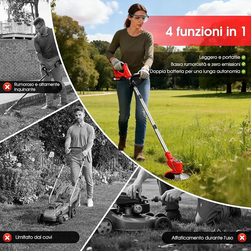 Tosaerba a batteria, Dotato di due batterie da 21 V, 4 lame, tosaerba triplo pieghevole, tosaerba da giardino a batteria per prati, arbusti e cespugli. — foto 8 di 8