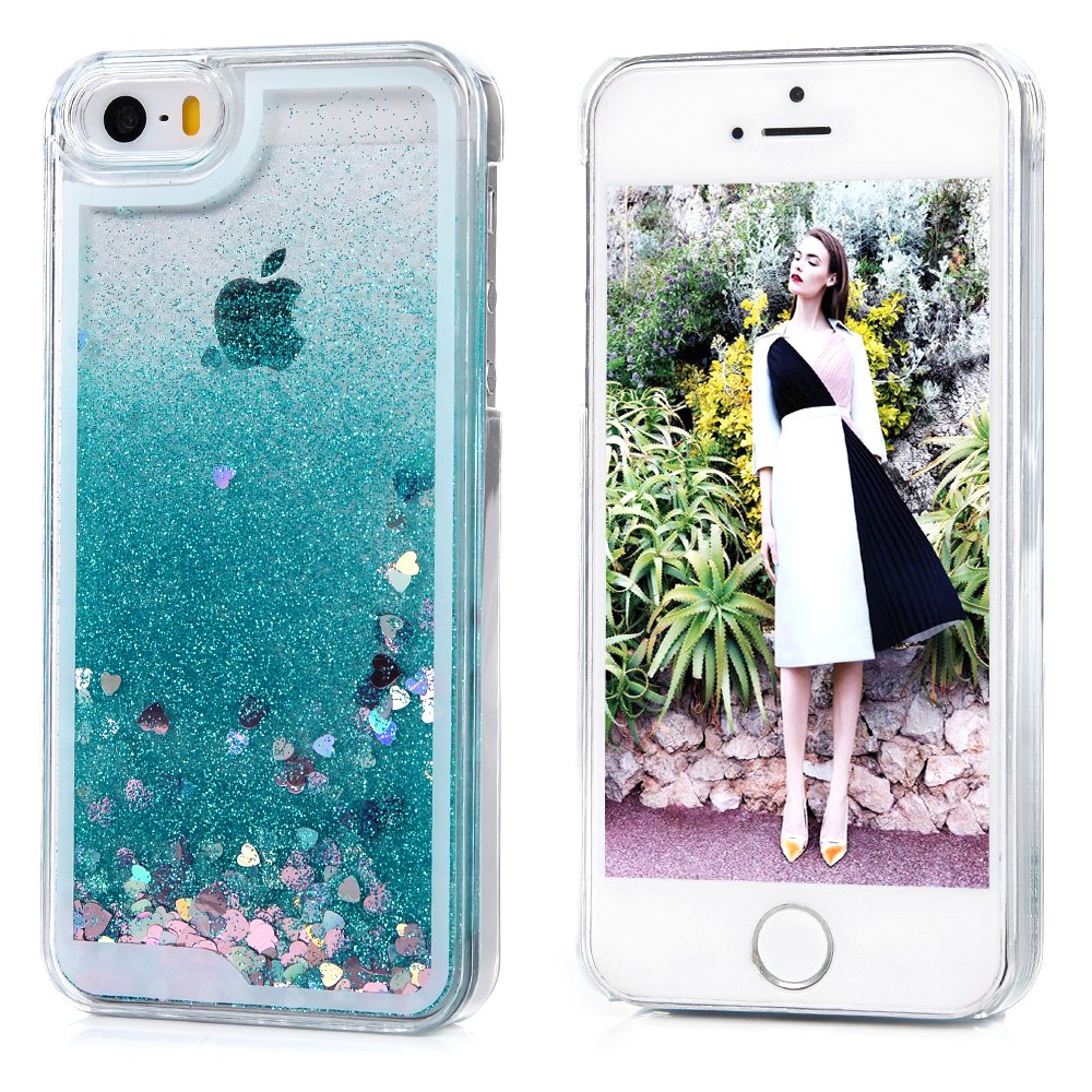 iPhone SE/ 5S/ 5 Case MAXFE.CO Clear Flexible Phone Cover Shiny Glitter Heart Shape Floating Liquid Tiffany Blue Slim Fit Protective Shockproof Anti Scratch Case + Rhinestone Dust Plug + Touch Pen