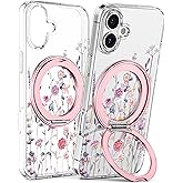 Loheckle for iPhone 16 Plus Case with Stand- Compatible with MagSafe Women Girls Cute Clear Girly Aesthetic Unique Design Soft TPU Magnetic Ring Phone Cover for Apple 16 Plus, Purple Flower