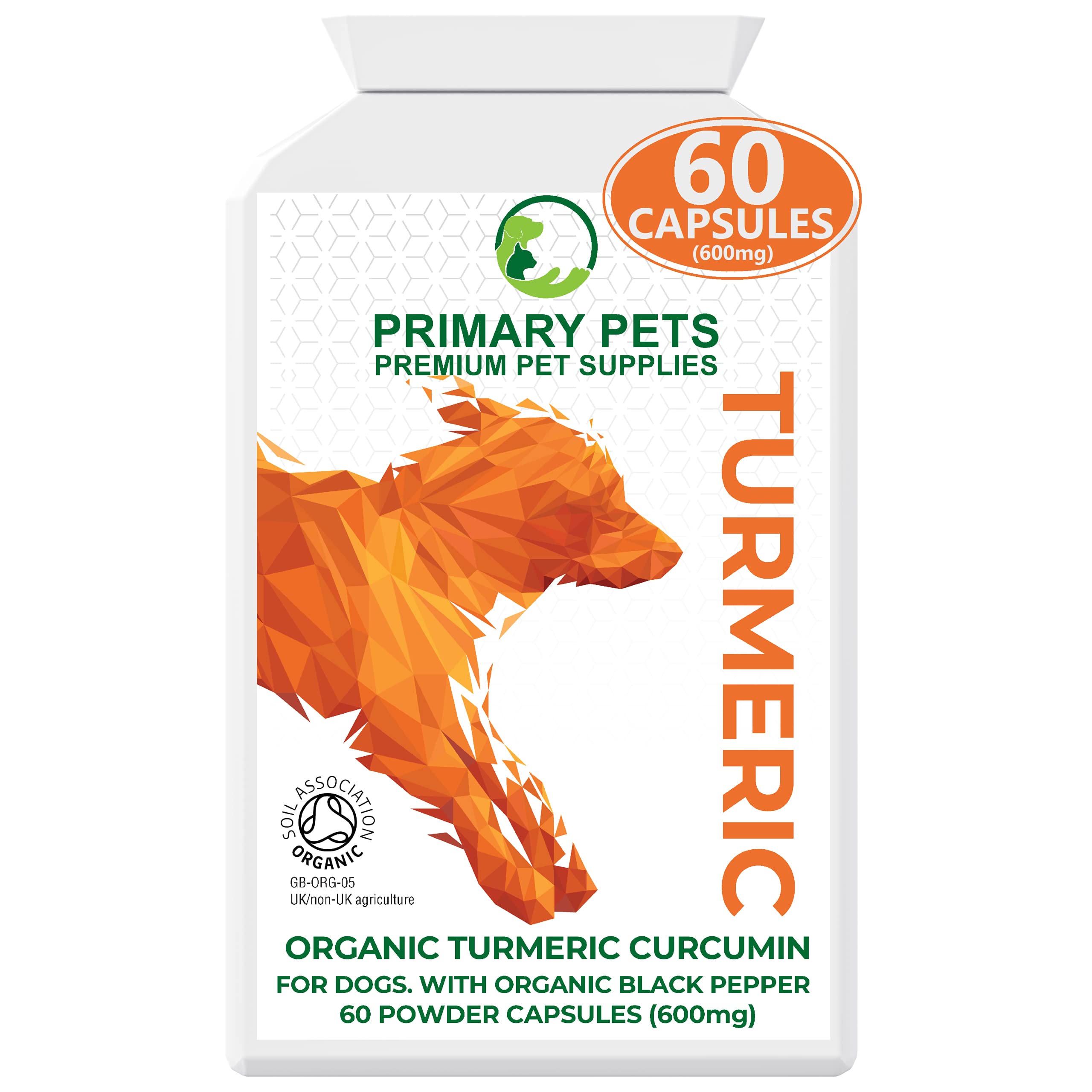 Primary Pets Premium Pet Supplies - Organic Turmeric Capsules for Dogs, 60 x 600mg, Curcumin and Black Pepper Supplement, Supports Dogs Mobility and Wellness, Made with Turmeric Powder
