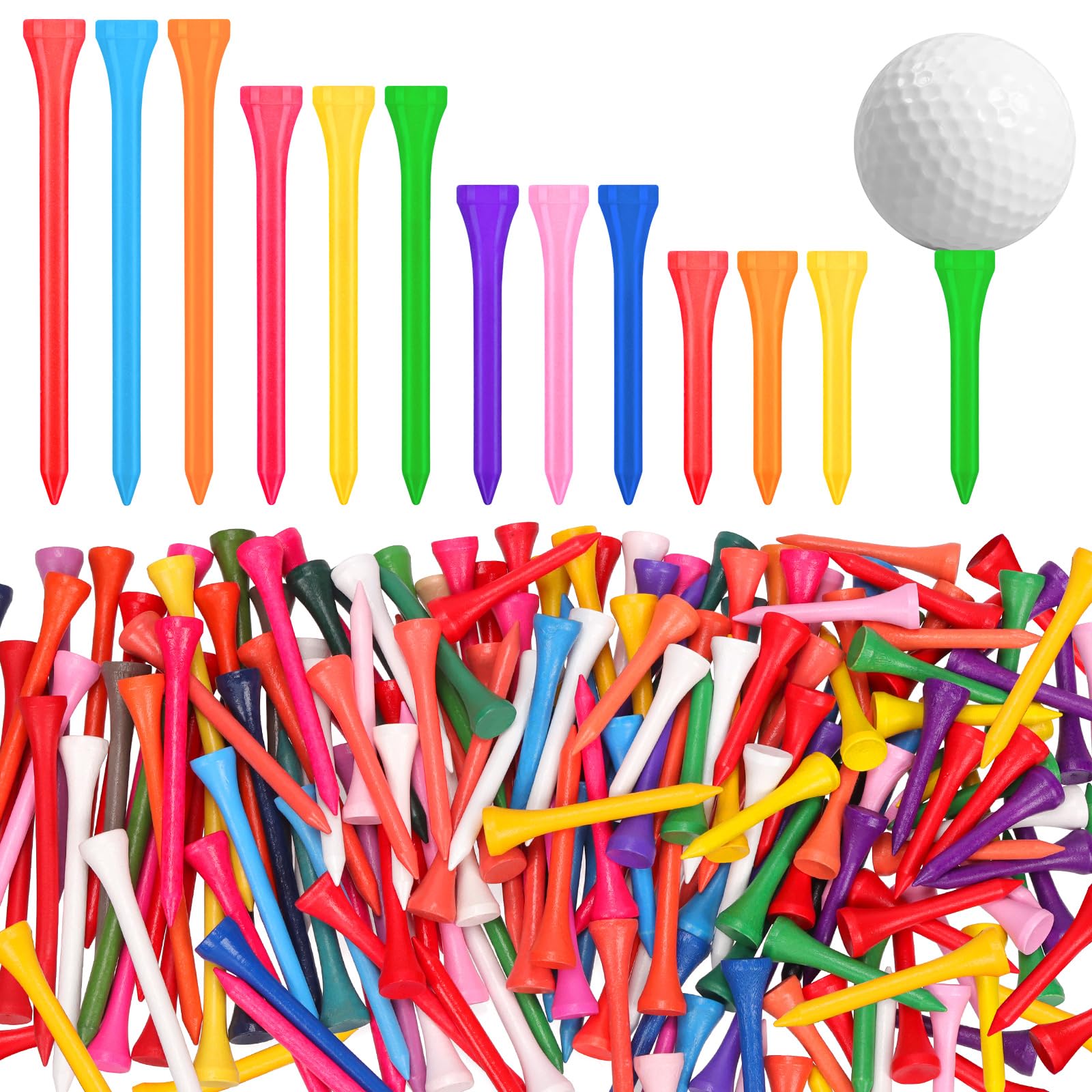 Mardatt 180Pcs Golf Tees, 1-3/5"(42mm), 2-1/8"(54mm), 2-3/4"(70mm), 3-1/4"(83mm) Bamboo Golf Tees, Professional Mixed Colors Golf Tees, Reducing Friction and Side Spin More Stable
