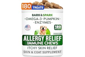 BARK&SPARK Dog Allergy Relief Chews (180 Immune Treats) - Anti-Itch Skin & Coat Supplement - Omega 3 Fish Oil - Itchy Skin Relief Treatment Pills - Itching&Paw Licking - Dry Skin & Hot Spots -Chicken