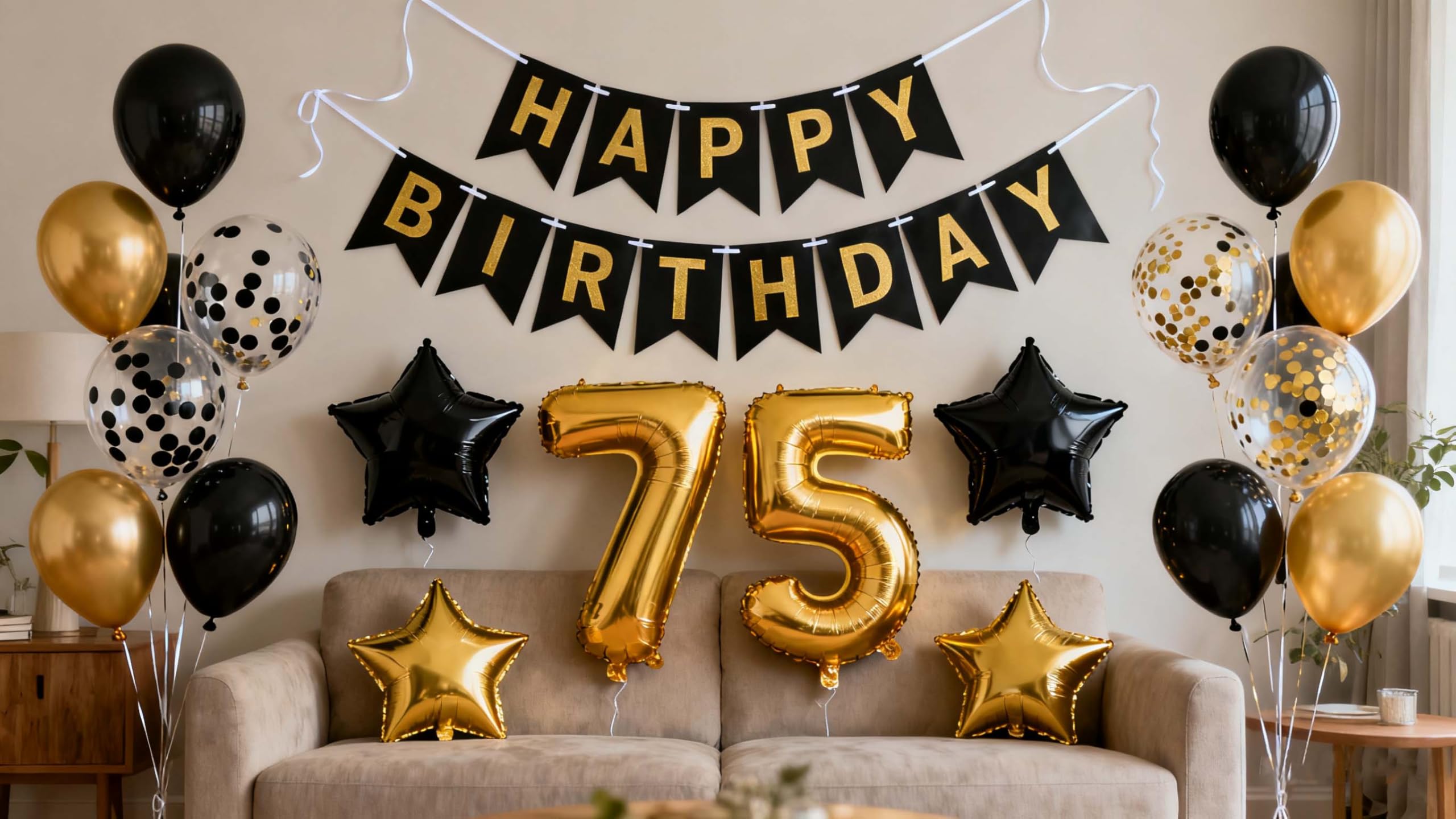 75th Birthday Decorations - Black & Gold for Men and Women - Happy Birthday Banners, Foil Star Balloons, Confetti - 75 Years Old Celebration