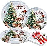 Cheery Land Christmas Plates Disposable Party Set Holiday Christmas Paper Plates and Napkins Sets Party Supplies Serves 25