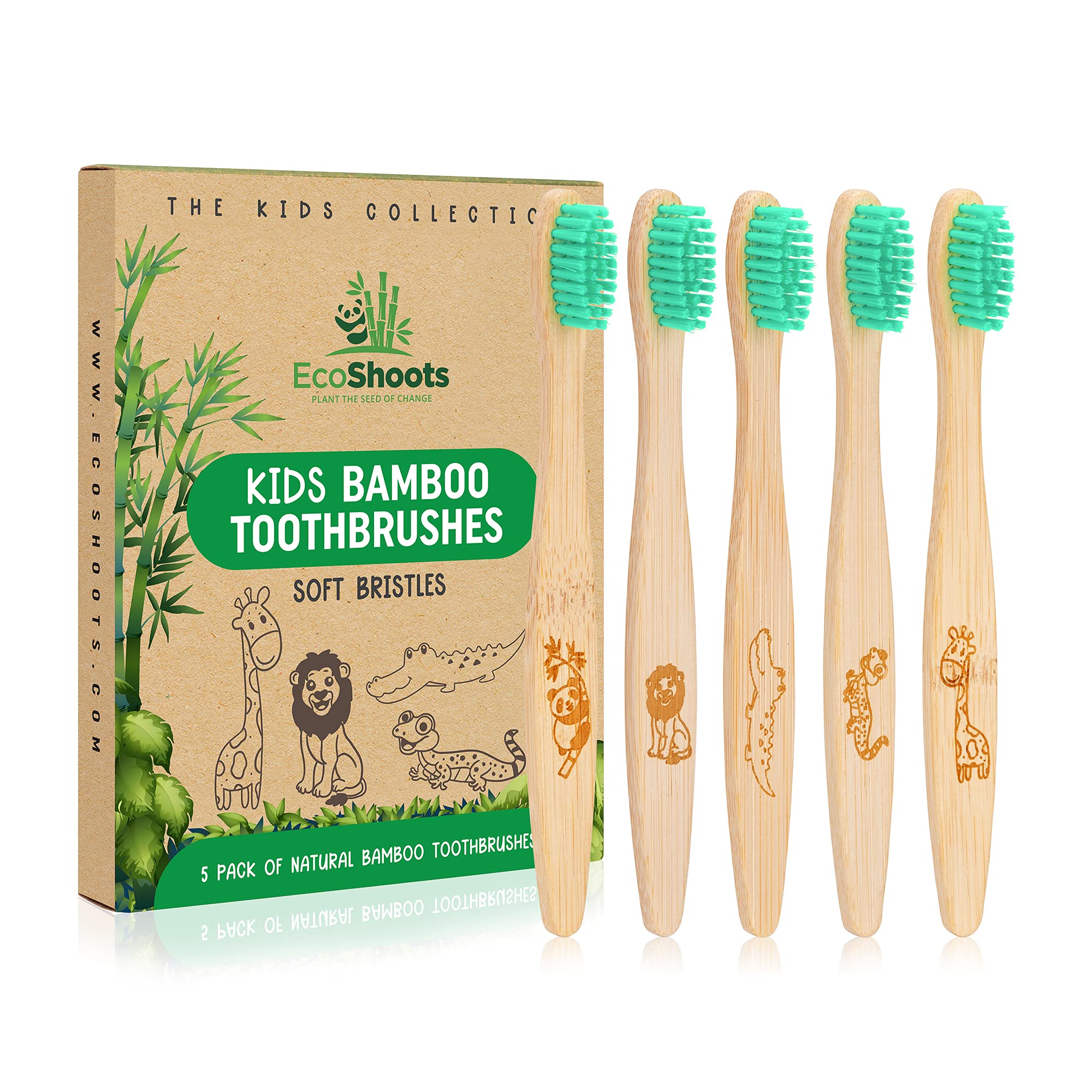 EcoShoots Kids Bamboo Toothbrushes with Super Soft Bristles | Pack of 5 Kids Toothbrushes | Eco-Friendly Natural Wooden Childrens Toothbrush | Organic Biodegradable Handle | BPA Free Kids Toothbrush