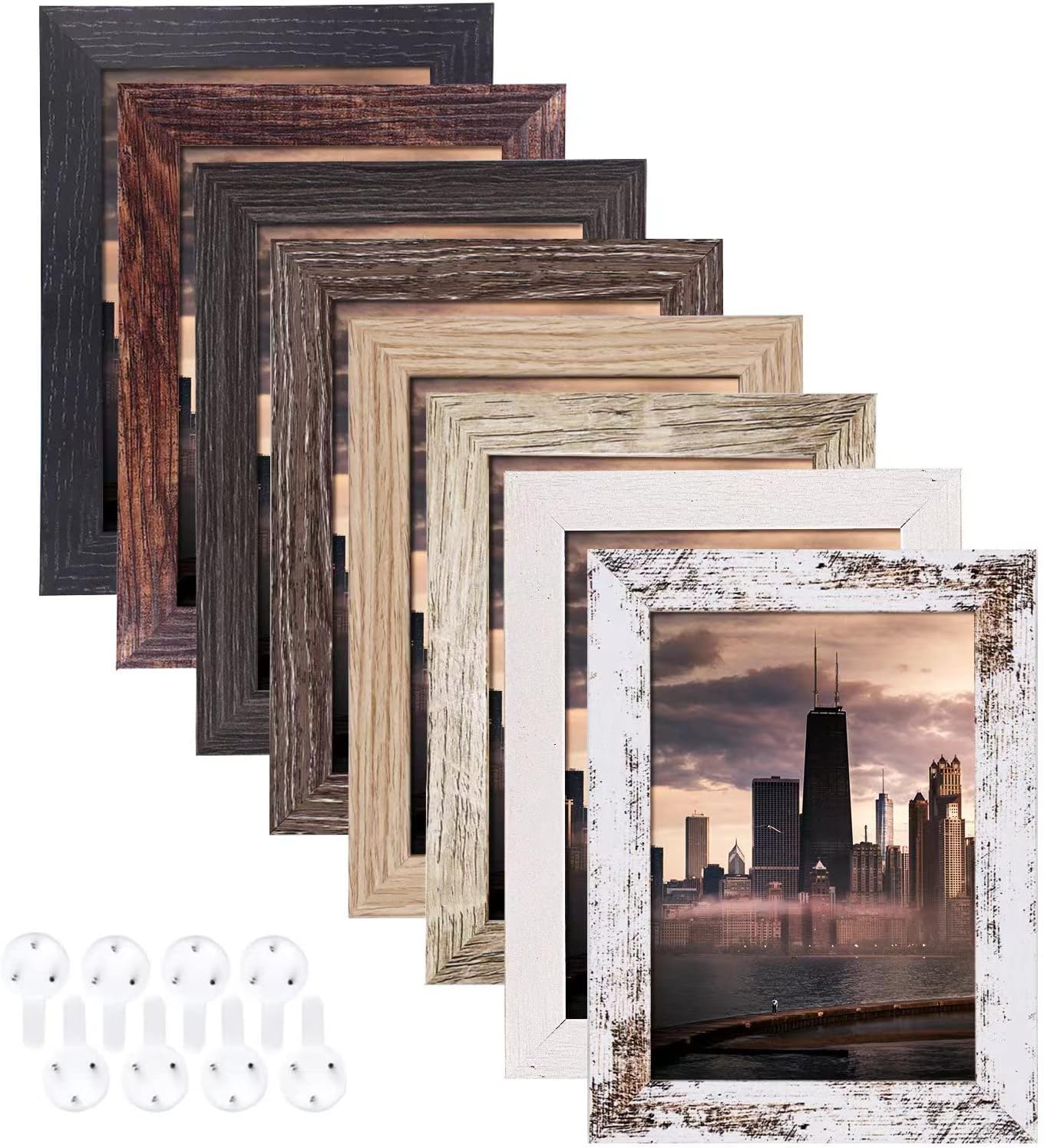 Photo Albums, Frames & Accessories - 5x7 Picture Frames Set of 8, Rustic Picture Frames Multi Wood Pattern, HD Plastic Cover (Plexiglass) Display Photos 4x6 with Mat or 5x7 Without Mat,Vertical and Horizontal Formats for Wall Hanging and Tabletop Display,Perfect for Rustic Home & Office Decor