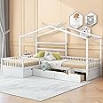 House Bed Double Twin Beds, Wood L-Shaped 2 Twin Platform Beds with 3 Storage Drawers,Montessori Bed with Roof ,Fence and Slatted Design, Corner Playhouse Bed Frame for Kids Girls Boys ,White