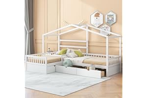 MERITLINE L Shaped Corner Bed for 2 Kids, Double Twin Platform Bed with 3 Storage Drawers, Wooden Montessori Beds with Fence and Roof for Kids